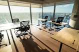 Modern office space with city view and desks