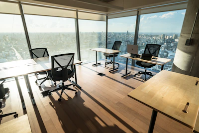 Modern office space with city view and desks