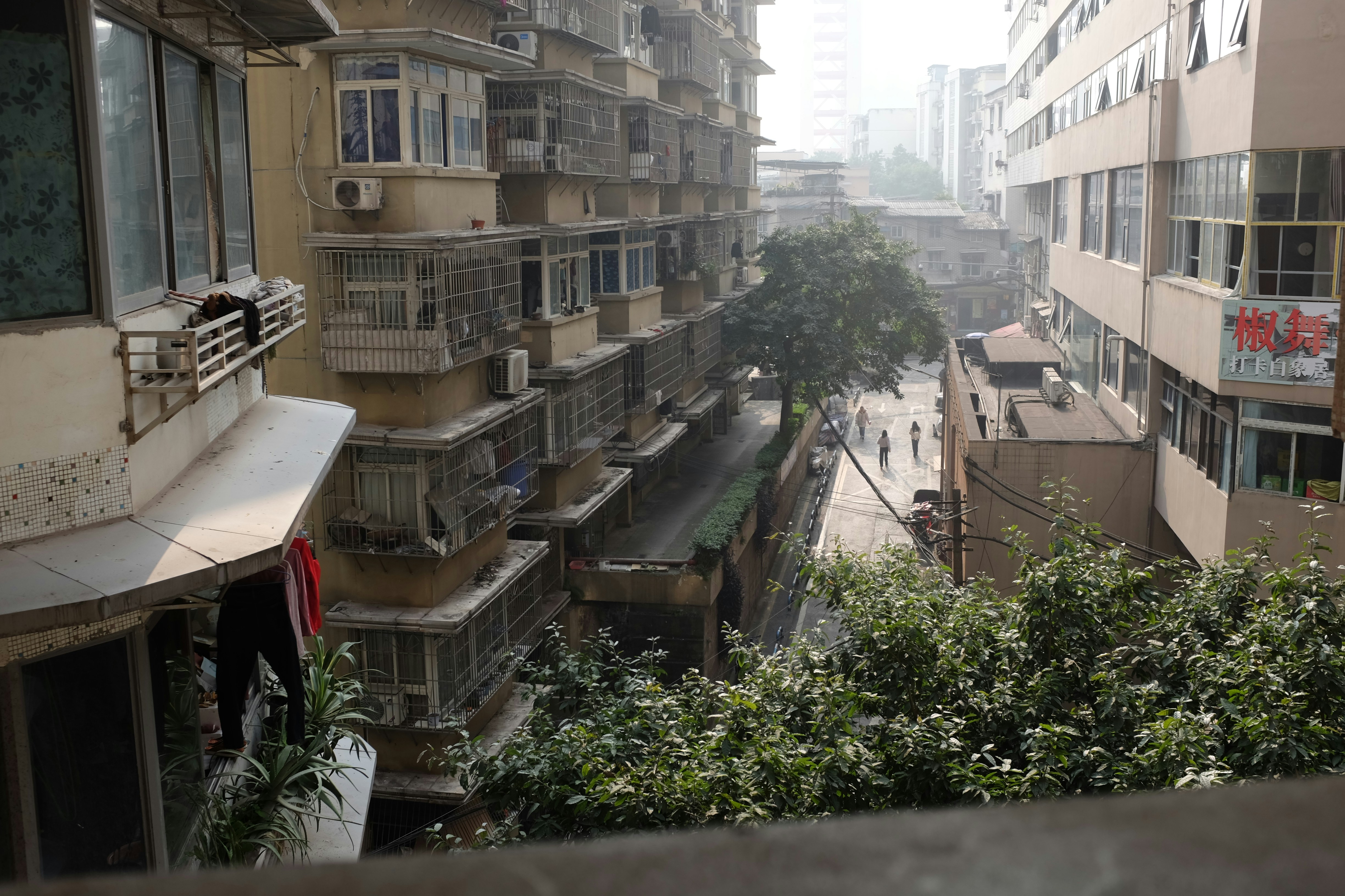 Apartment buildings line a narrow street with trees.