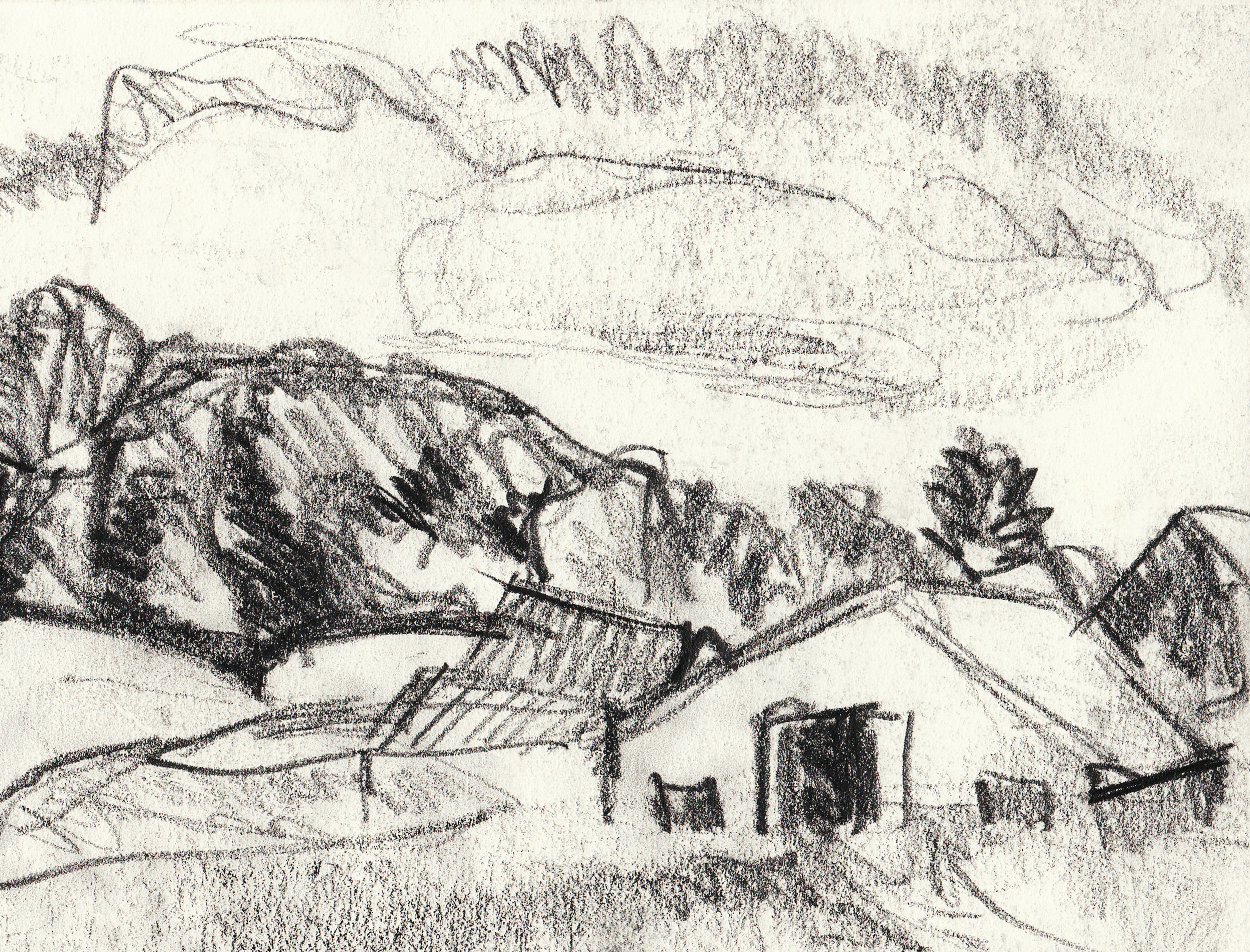 Sketch of a rural landscape with houses and hills.