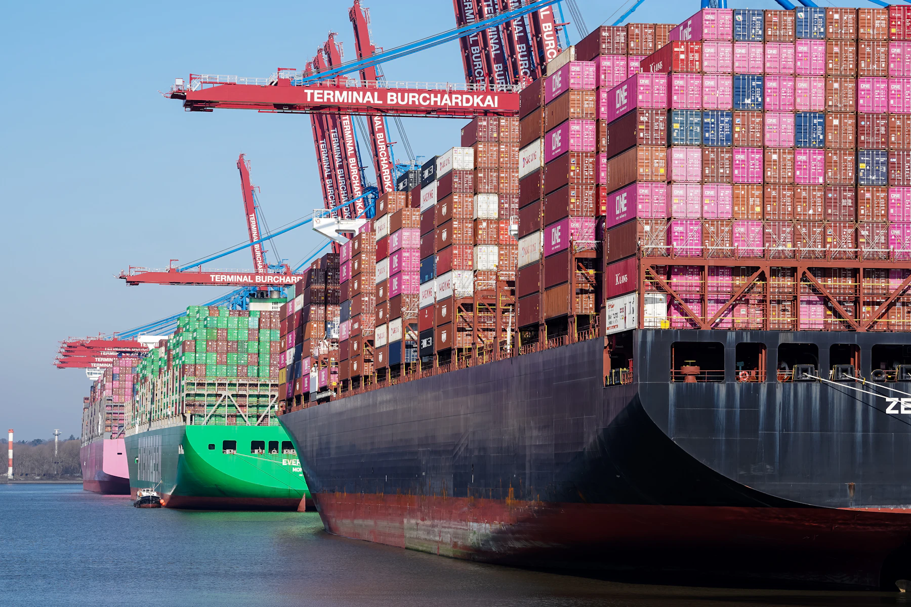 Container ships and stacked cargo at a major port, illustrating the trade chain behind imported seafood