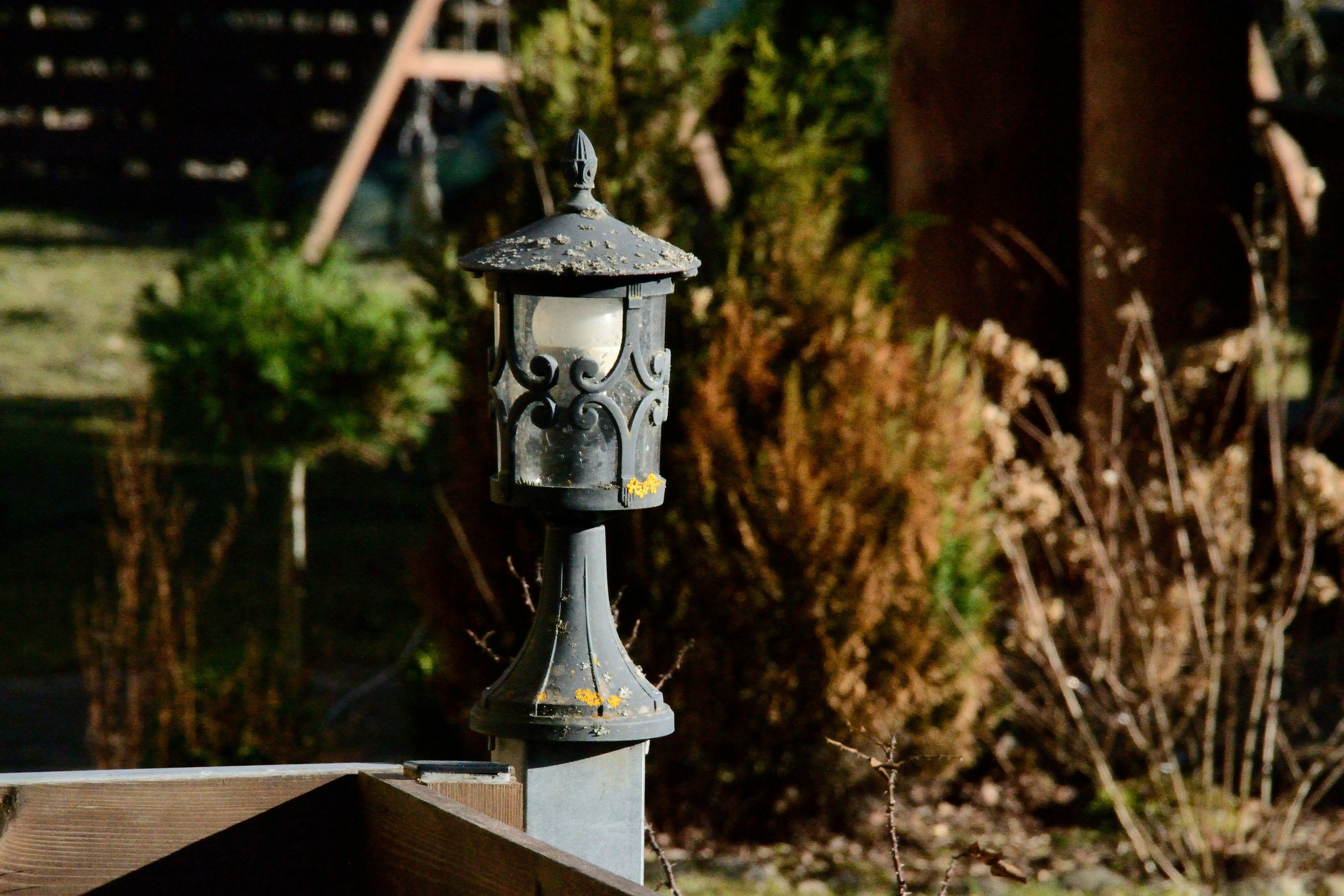 An old-fashioned lantern stands in a garden.