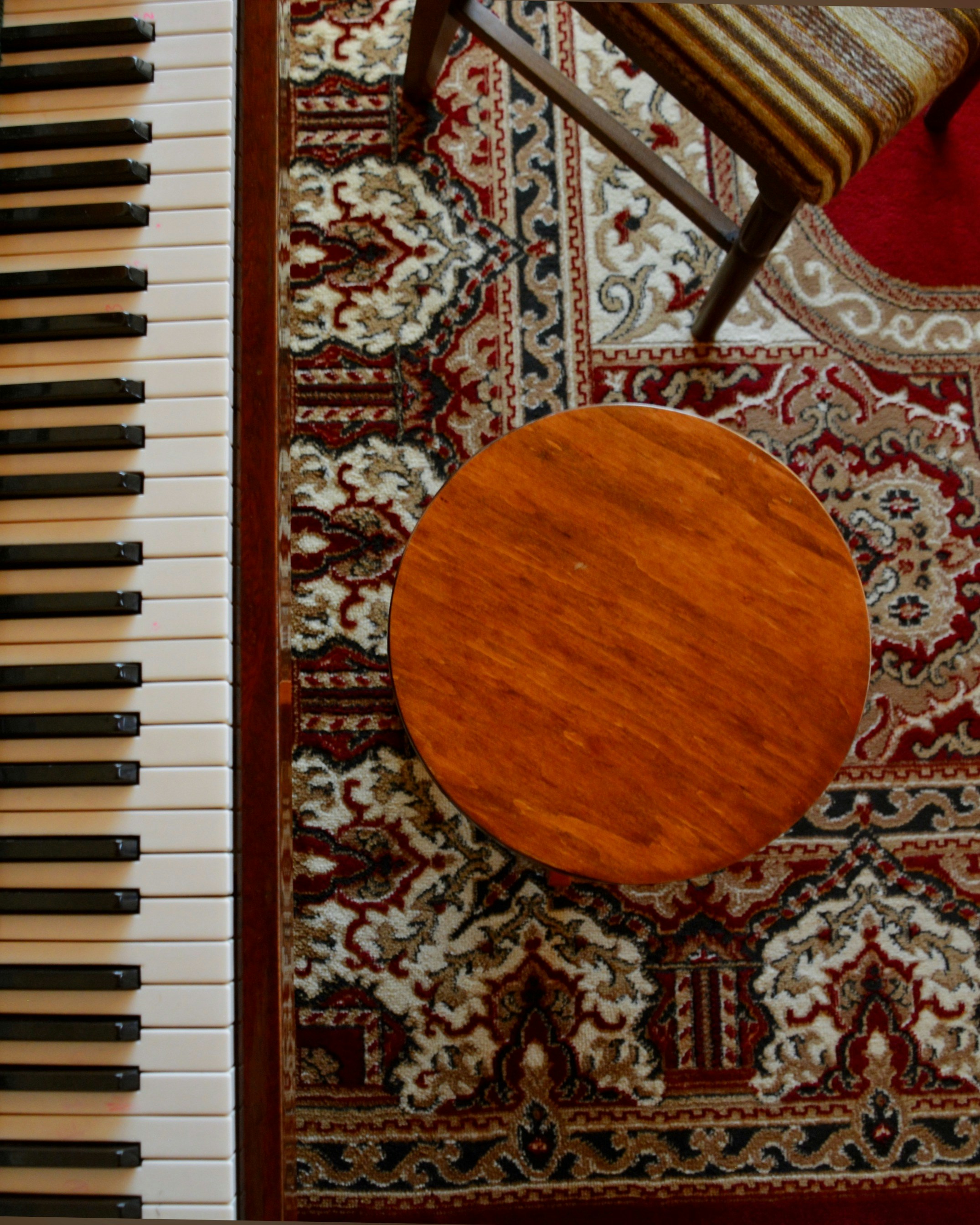 Close-up of piano keys on a patterned rug