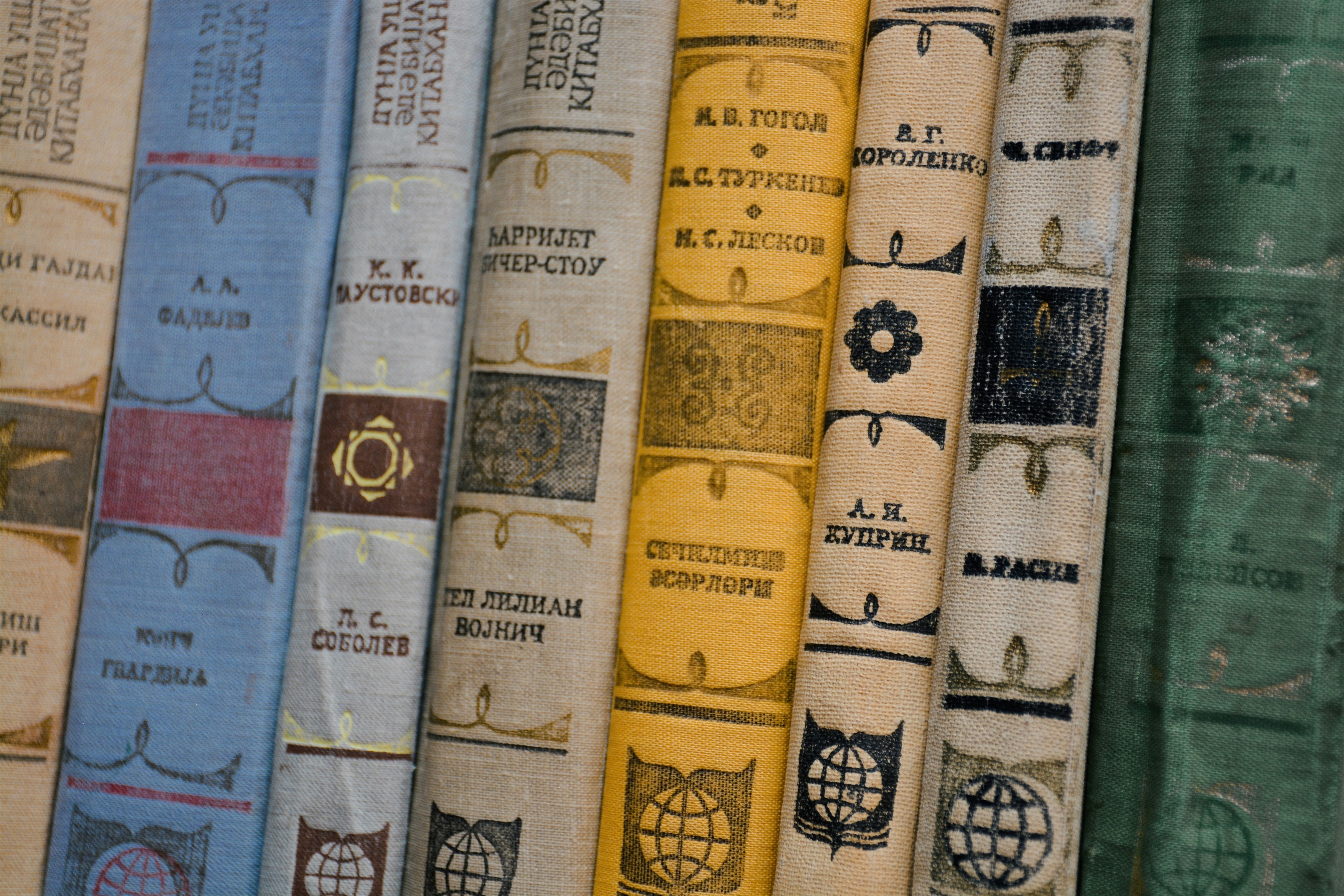Row of old books with decorative spines