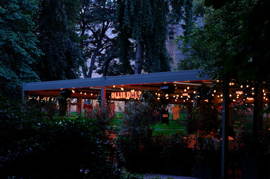 Terrasse extérieure avec guirlandes lumineuses à la tombée du jour