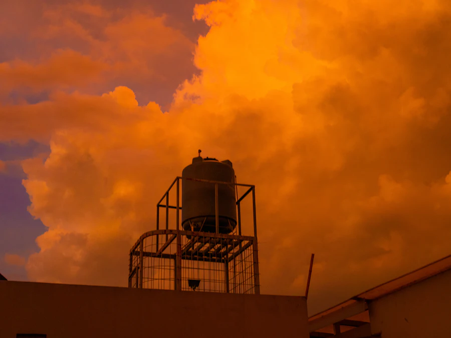 Rooftop water tank against the sky