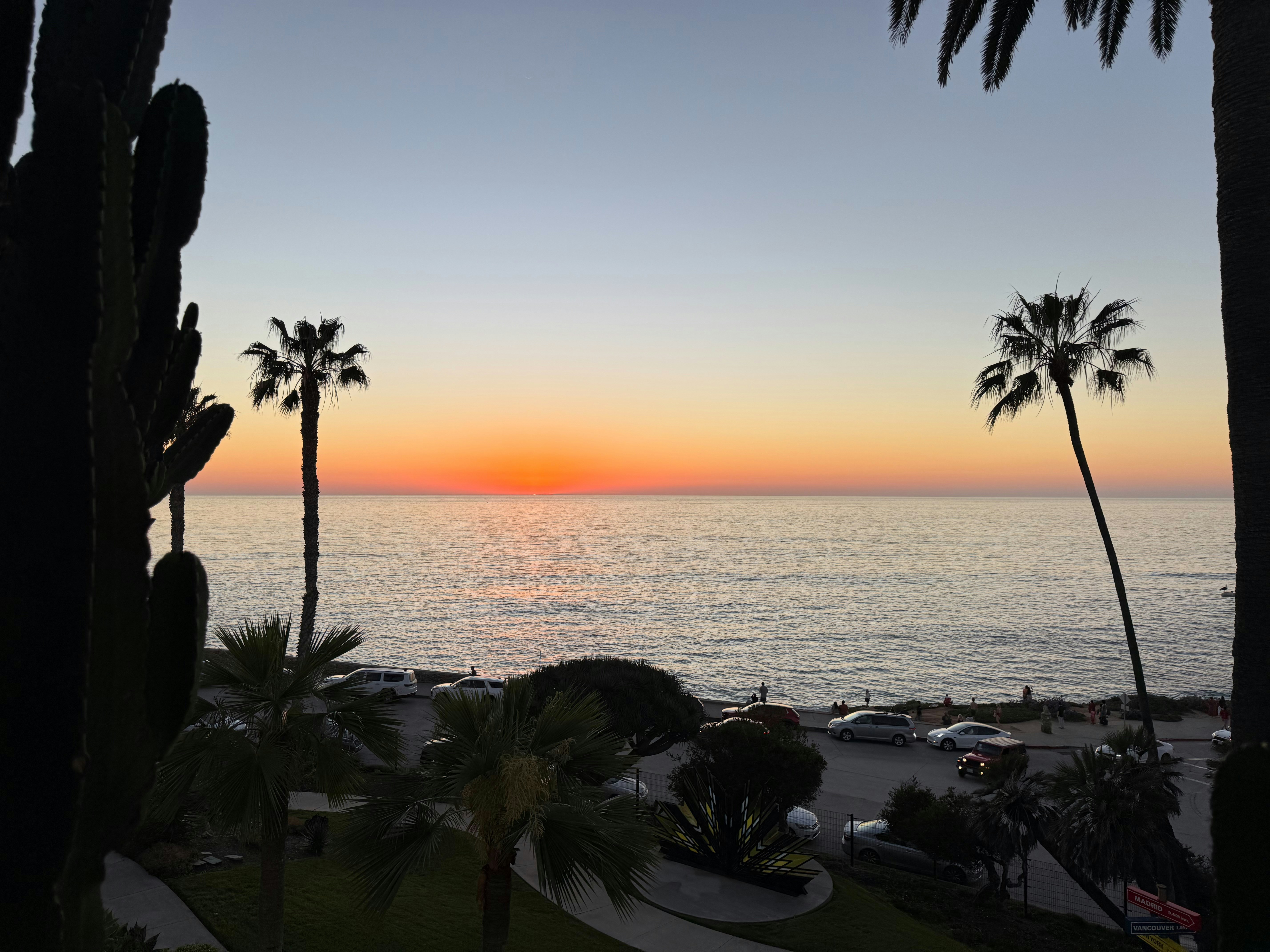 Palm trees frame a vibrant sunset over the ocean.