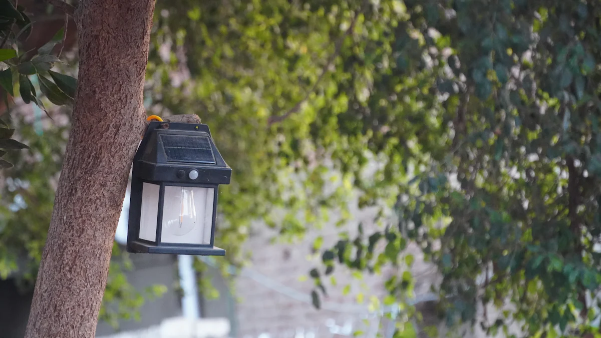 Farol solar colgando de la rama de un árbol en un jardín al atardecer