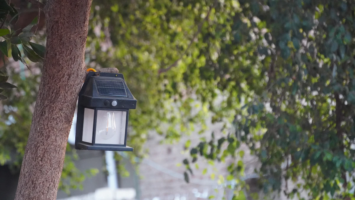 Lanterne solaire suspendue à la branche d'un arbre, allumée à la tombée de la nuit