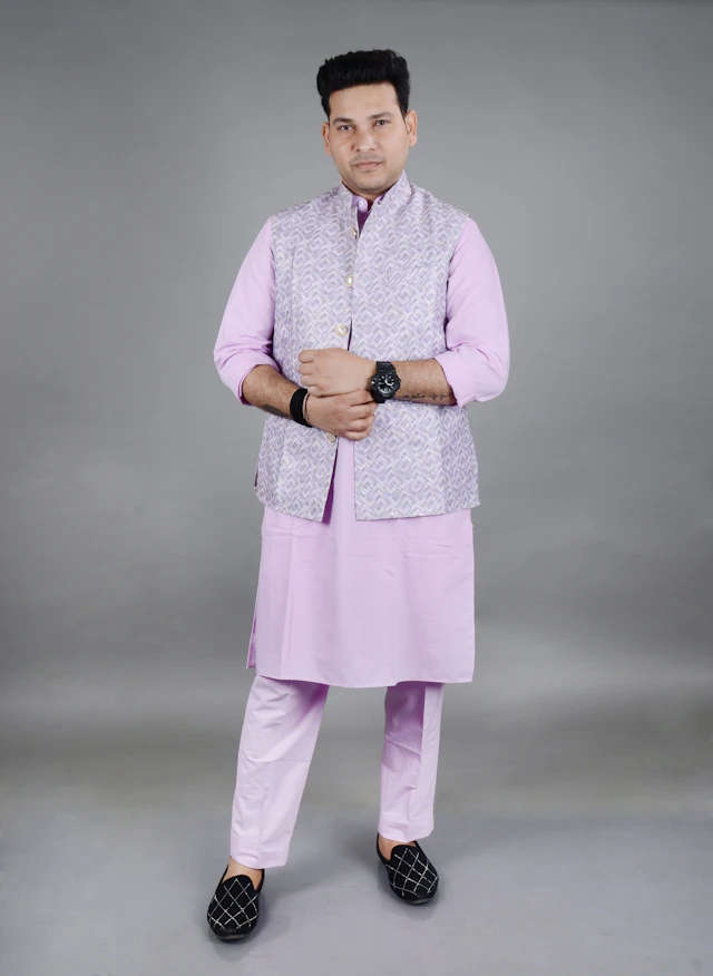 Man wearing a lilac kurta with an embellished Nehru jacket — AI virtual try-on preview