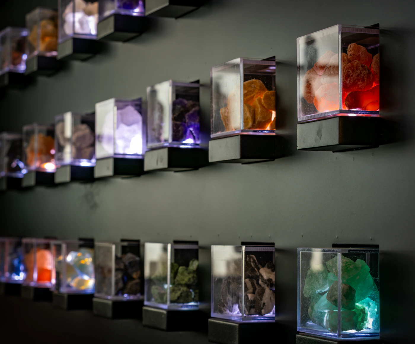 Illuminated mineral specimens displayed in a gallery setting