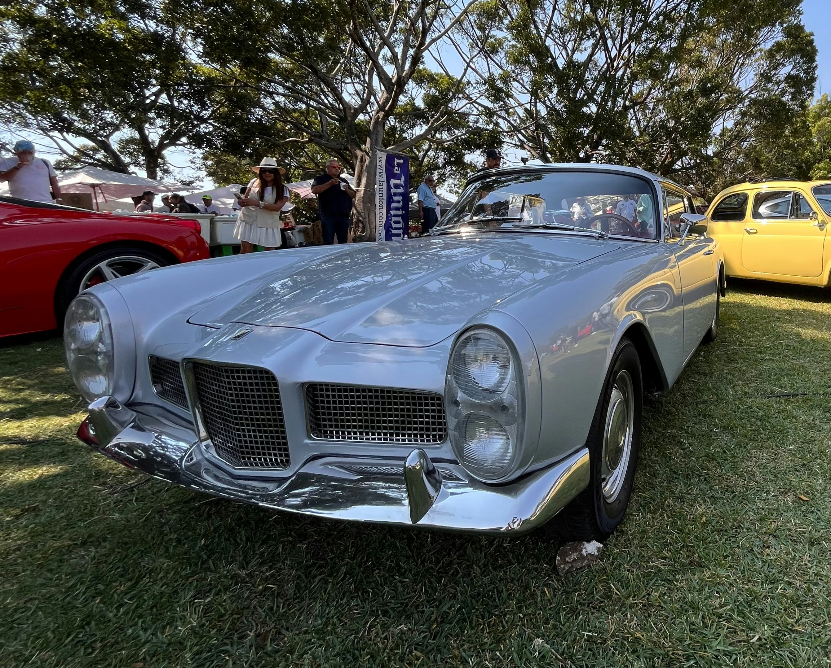 Une voiture argentée vintage garée sur l’herbe