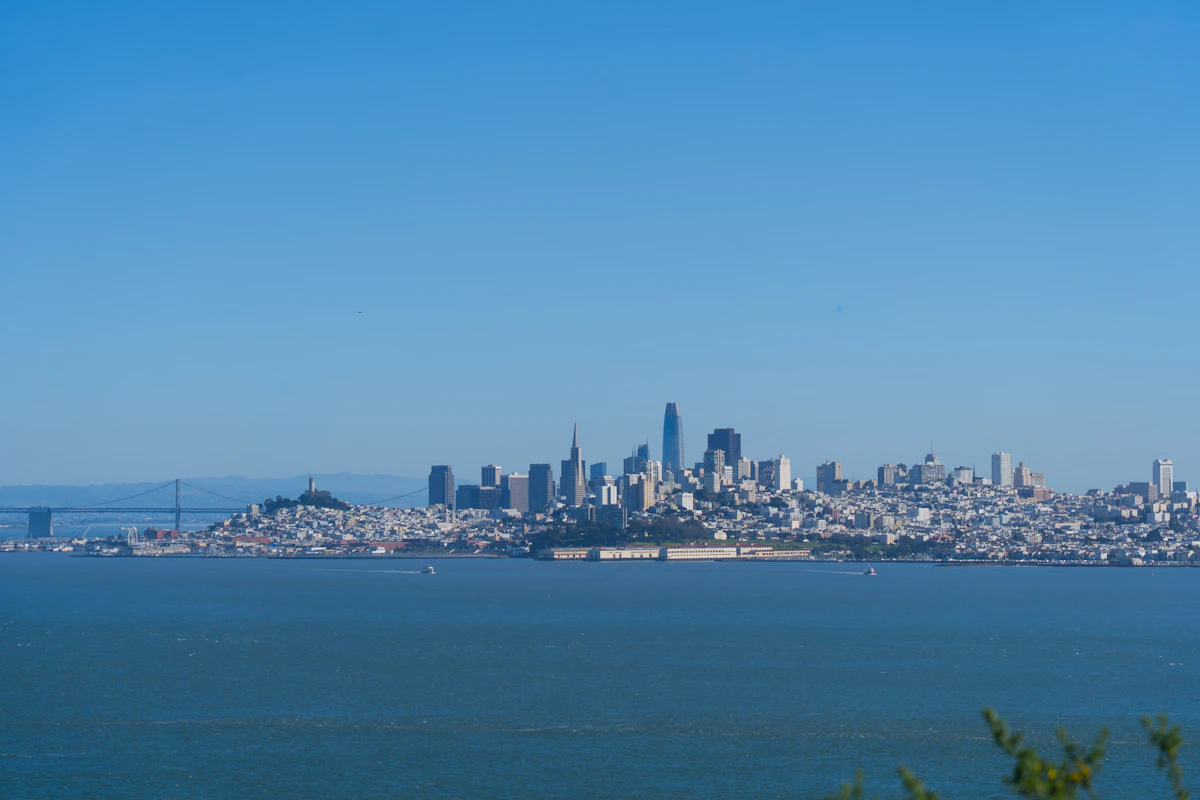 San Francisco skyline with the Golden Gate Bridge in the distance