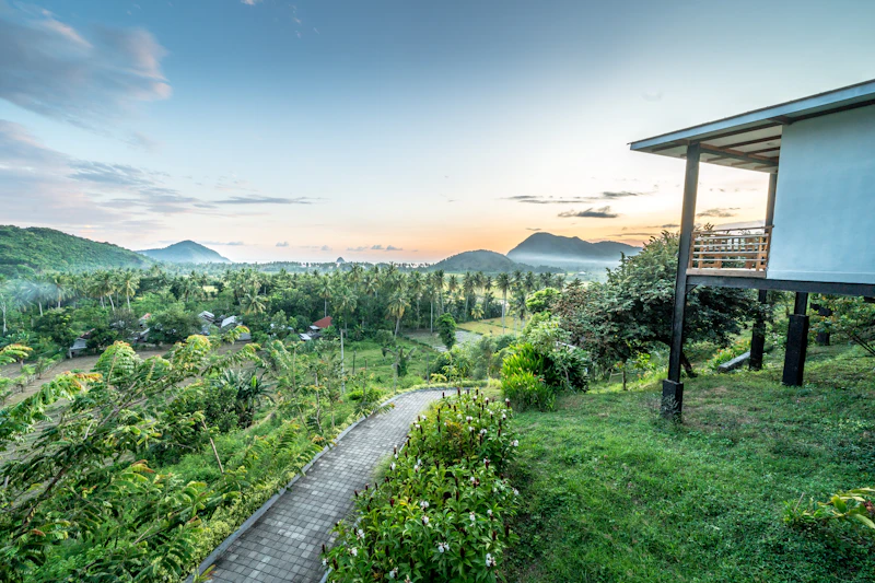 House on stilts above a green tropical landscape
