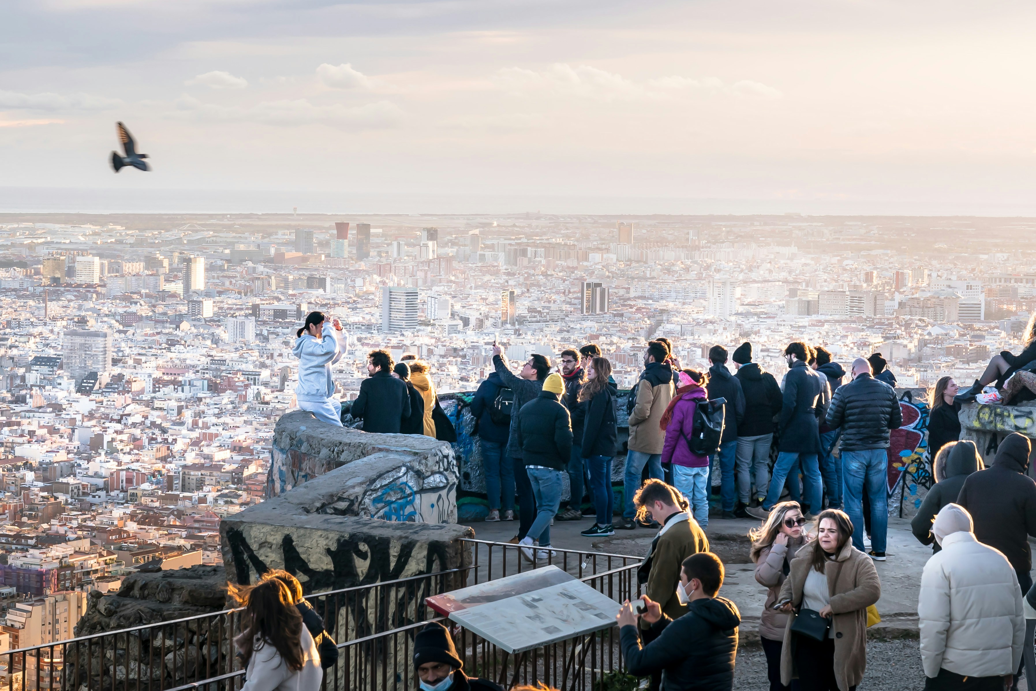 Crowd enjoying panoramic city view from hilltop viewpoint.