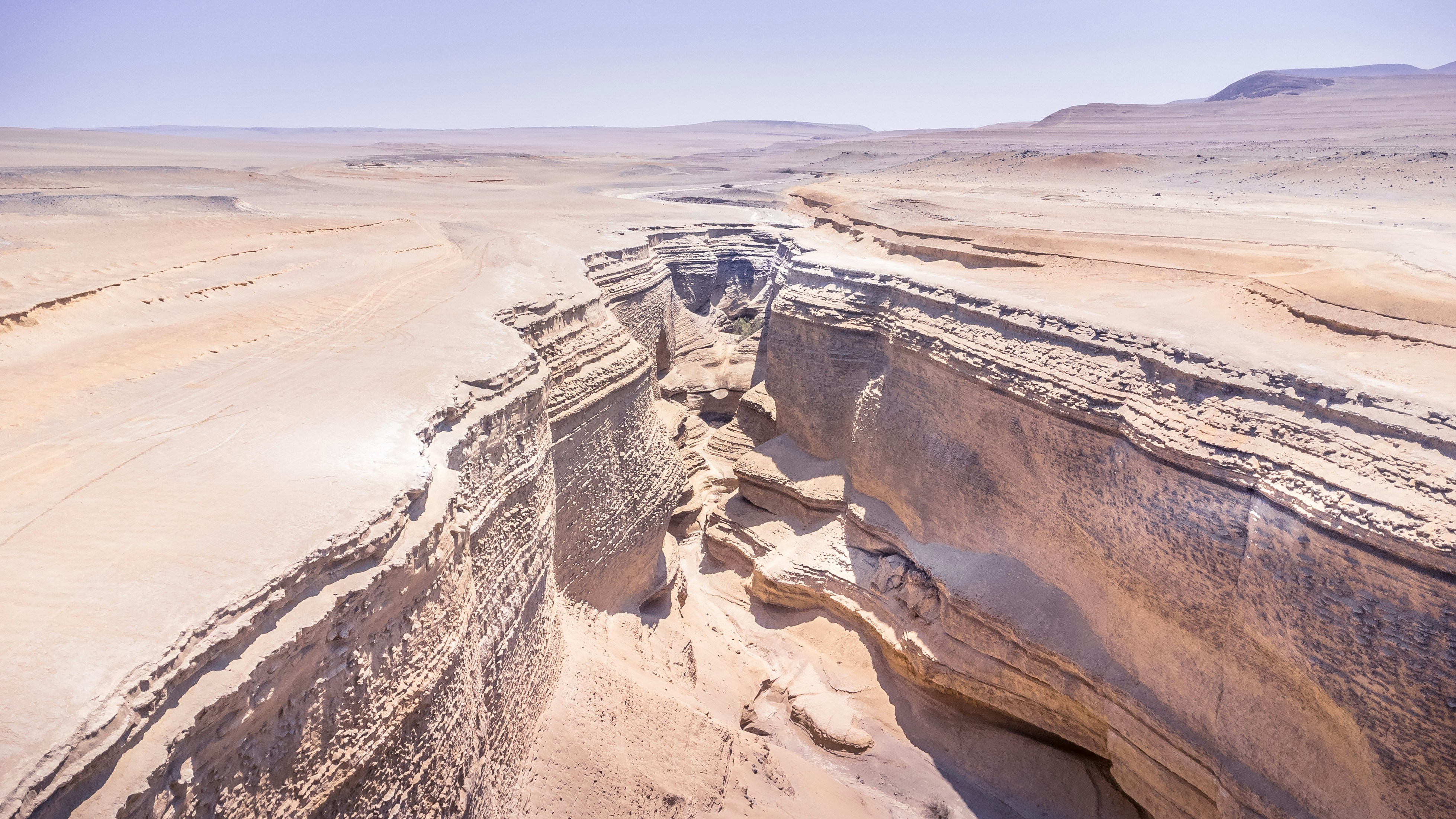 Aerial view into a vast canyon exposing many horizontal rock layers