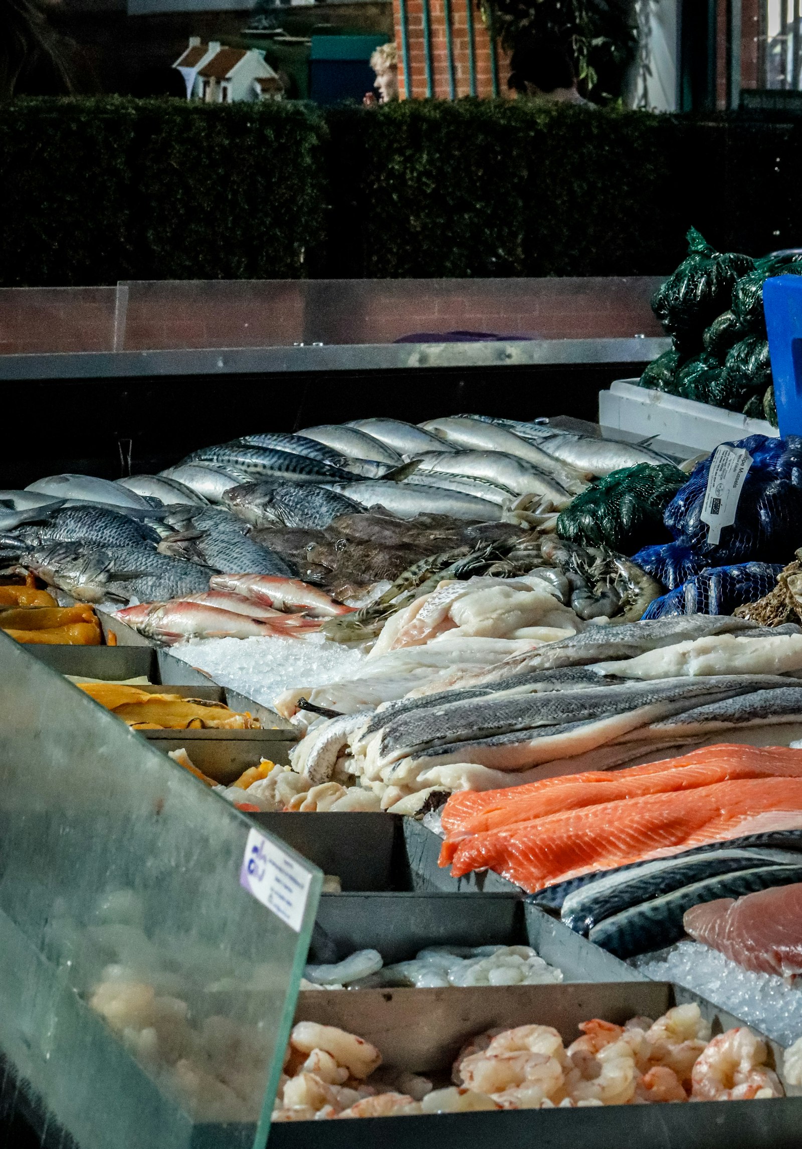 Fersk torsk og annen sjømat på is i fiskedisken, som viser hva fersk torsk koster per kilo
