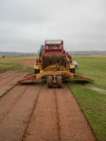 Turf harvesting machine cutting grass on a field
