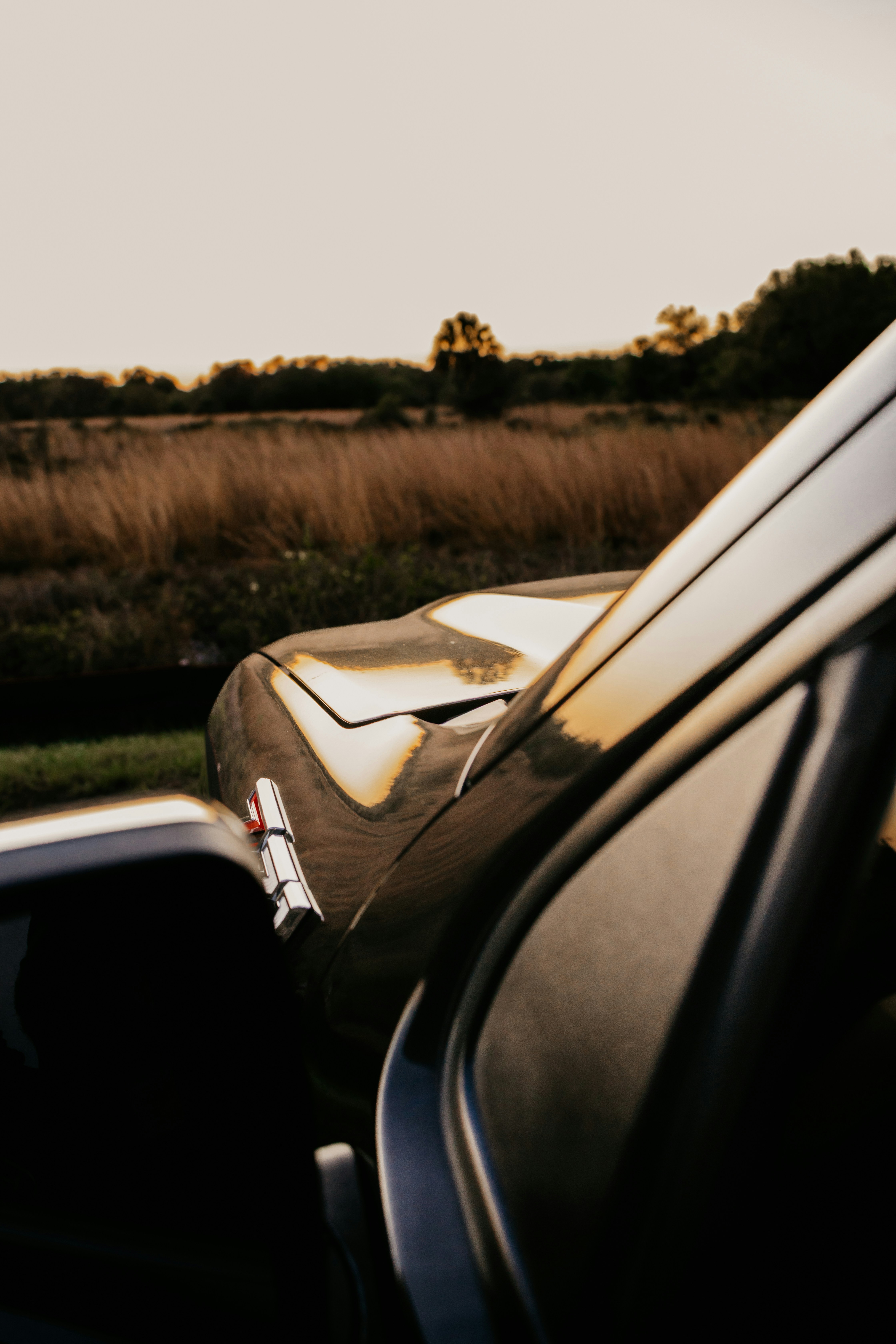 Classic car reflecting sunset light in a field.