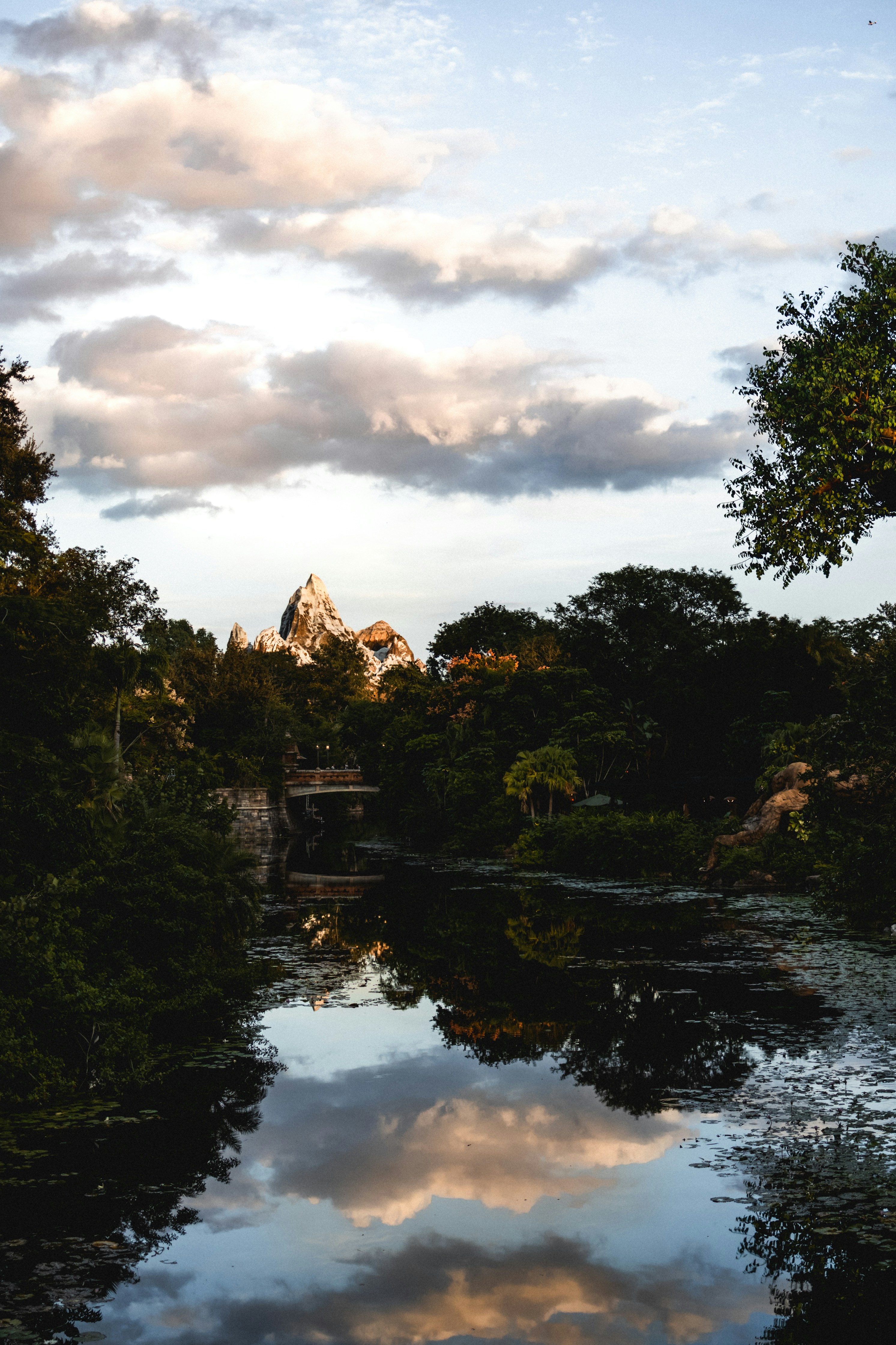 Mountain peak reflected in calm water surrounded by trees