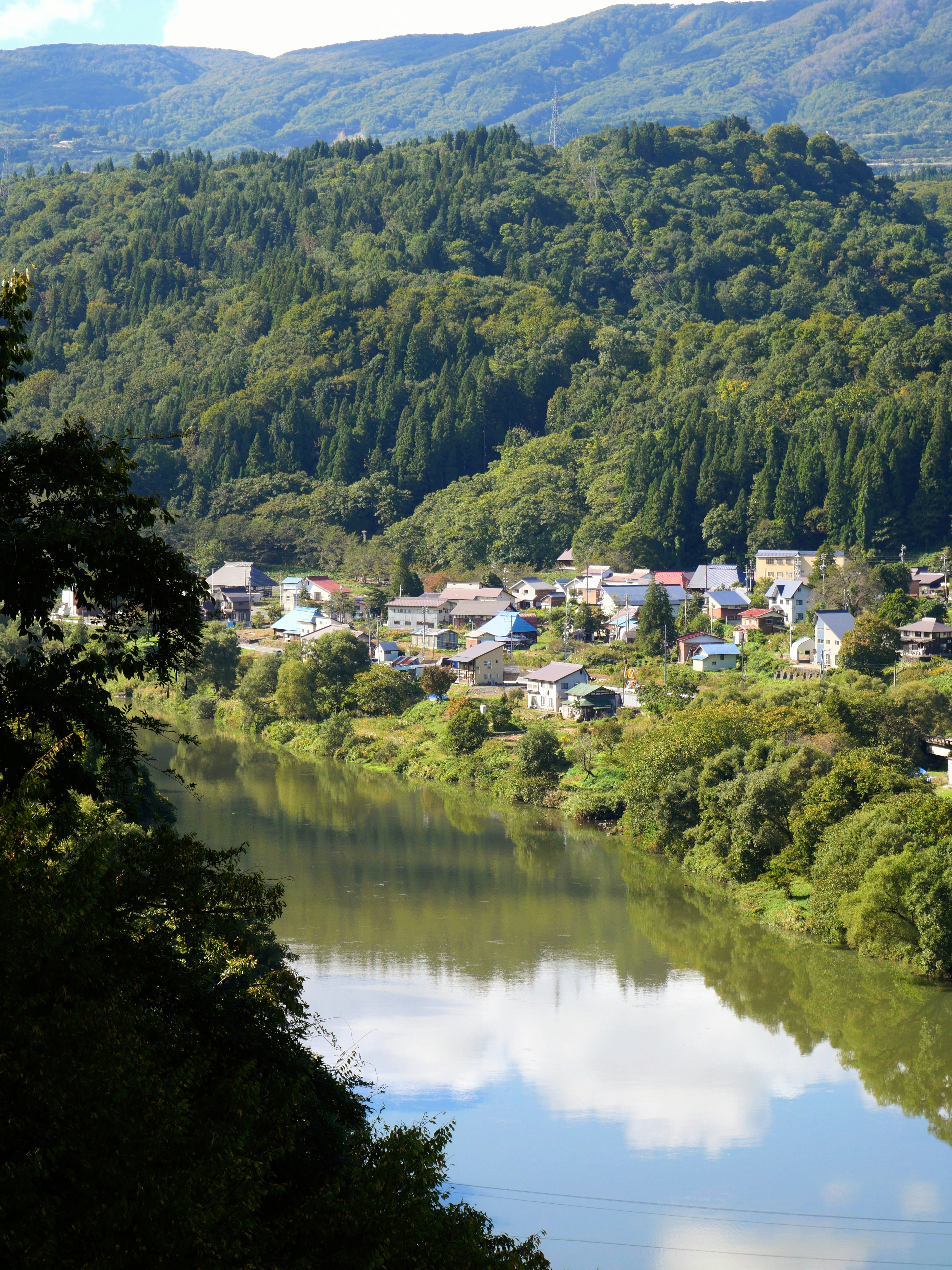 A small village nestled beside a wide river and forest.