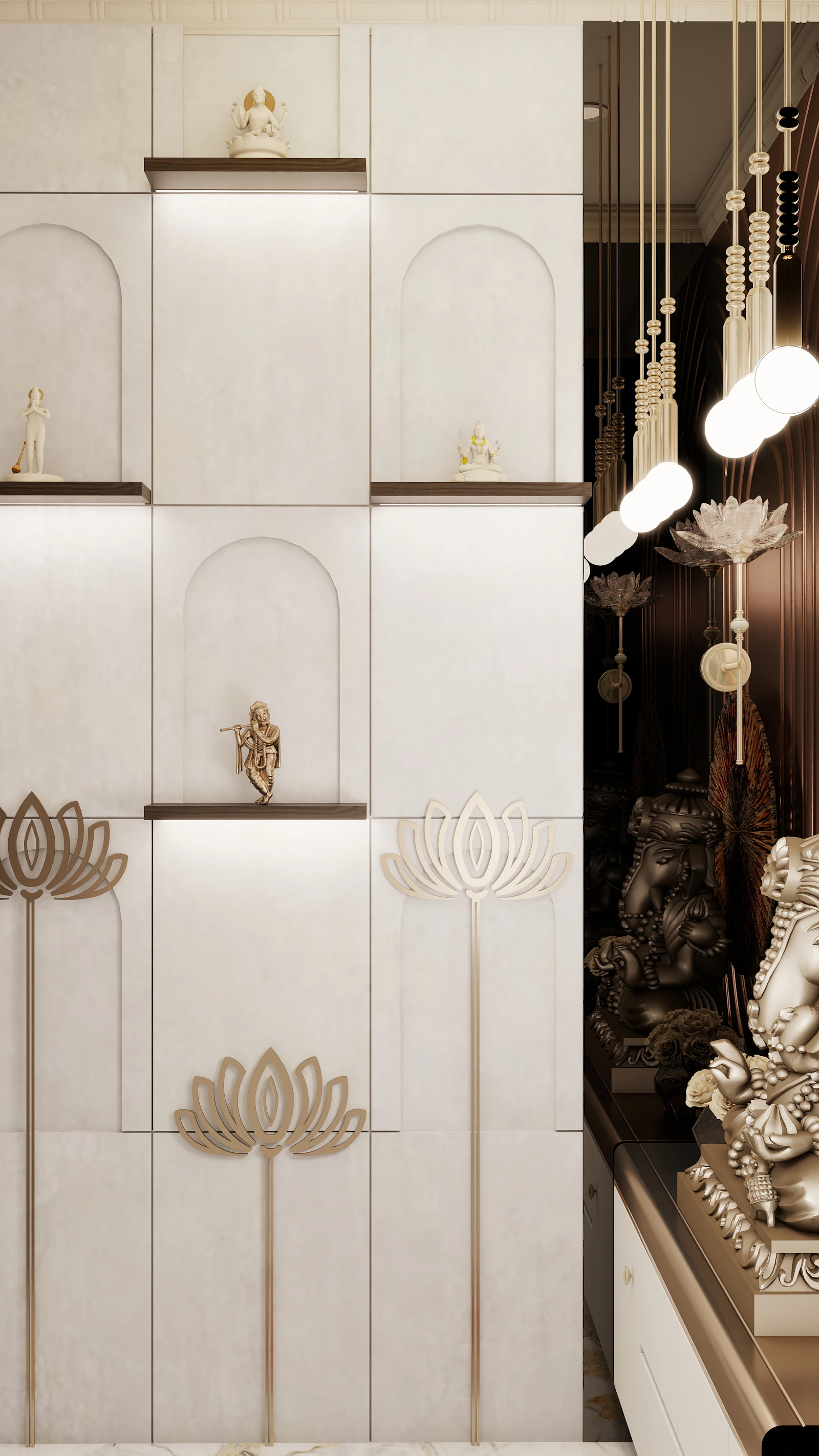 A wall of lit niches with statues and lotus detailing