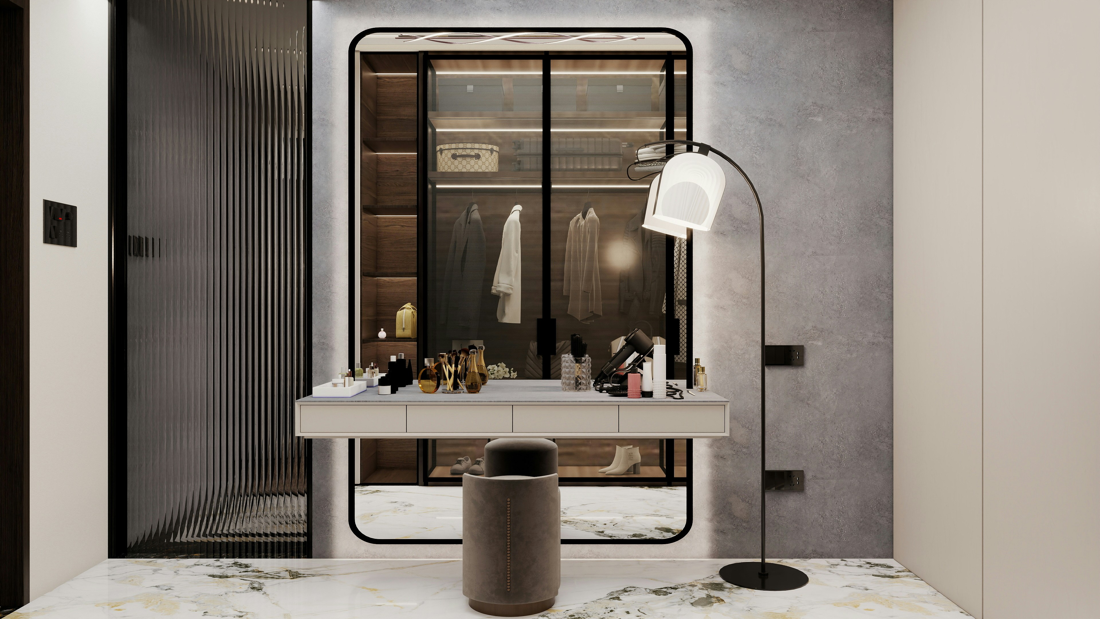 Modern dressing room with vanity and walk-in closet