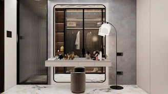 Modern dressing room with vanity and walk-in closet