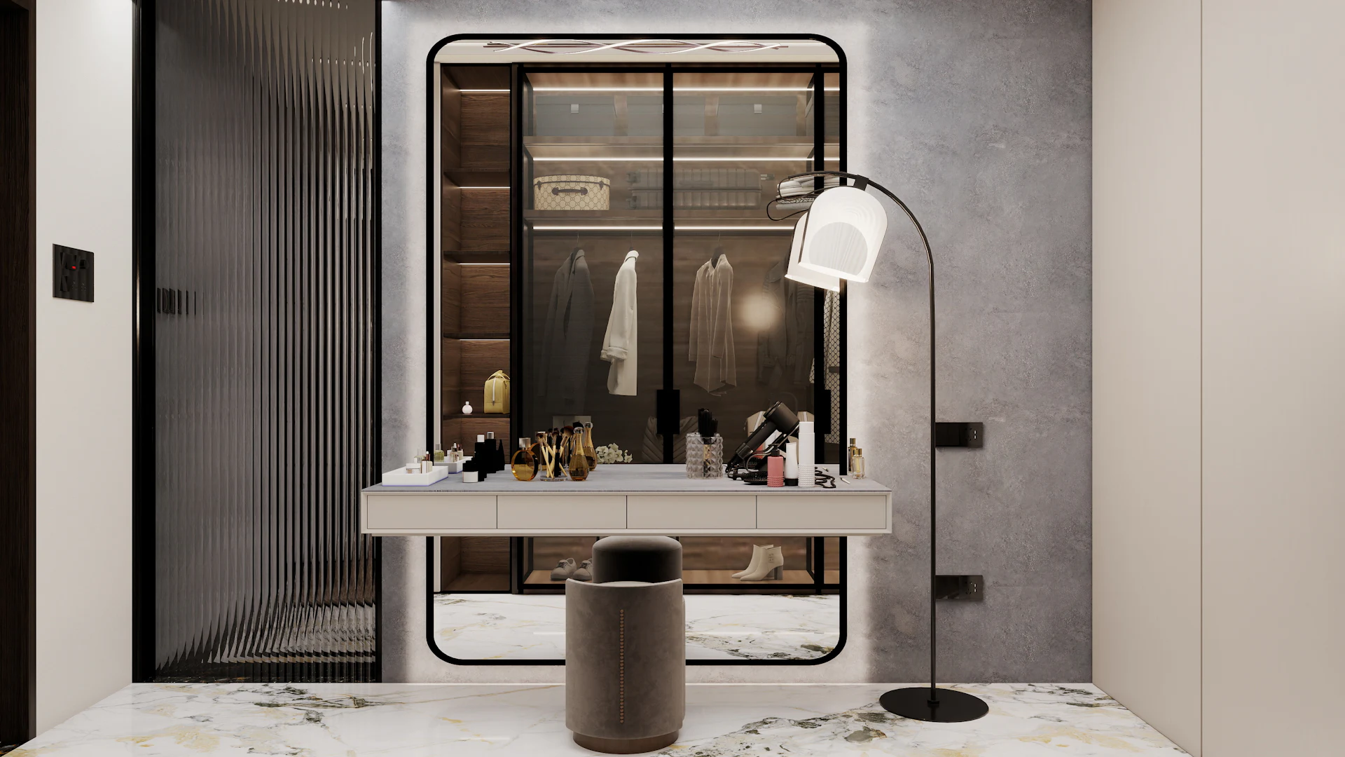 Dressing room with a vanity and open wardrobe