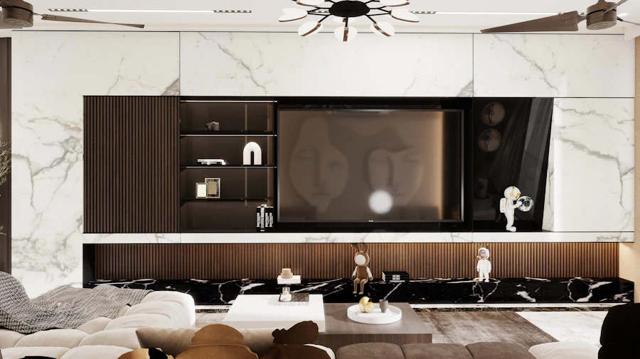 Marble TV wall with wood slats and display niches (inspiration)