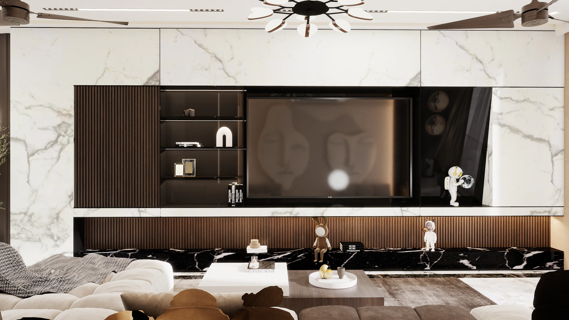 Modern living room with large television and marble accents