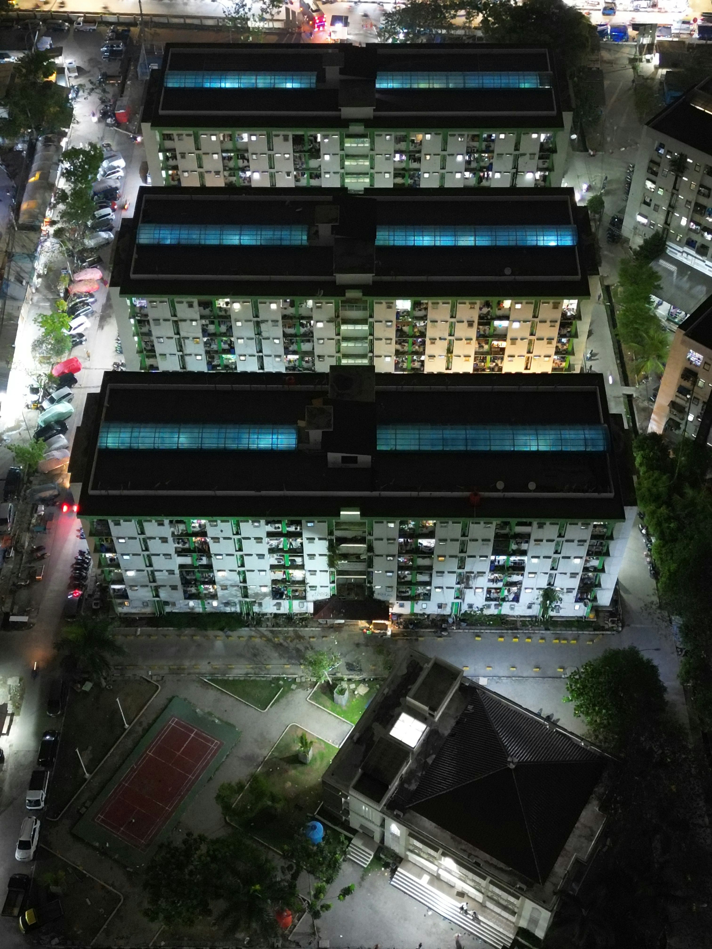 Aerial view of apartment buildings at night