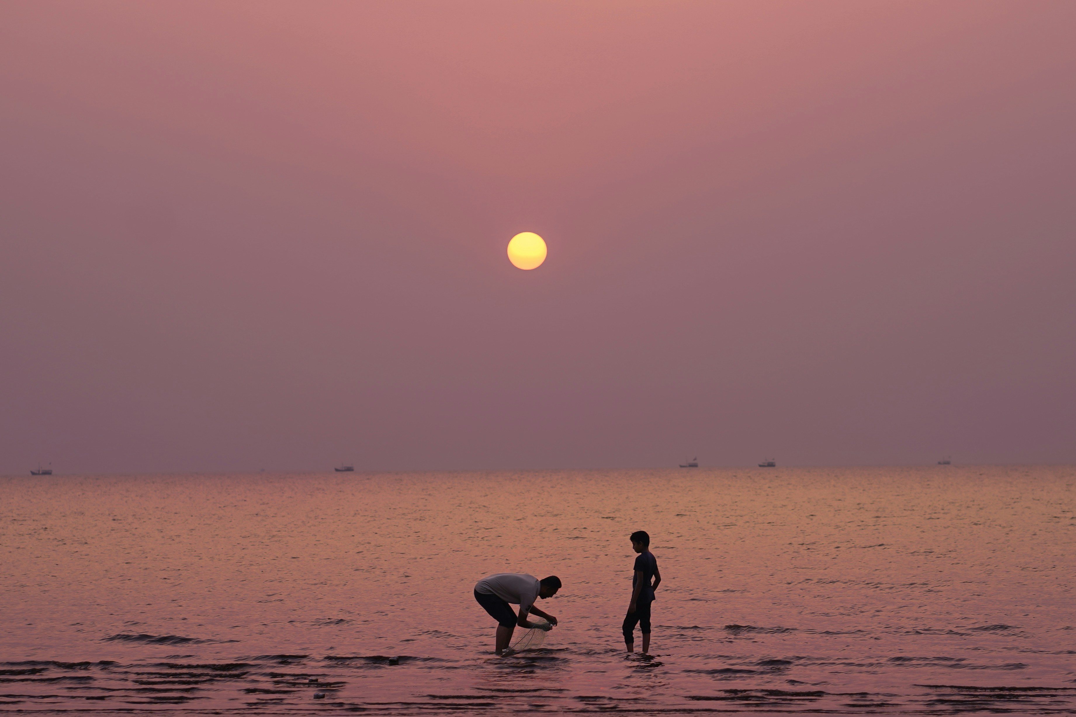 Two people searching for shells at sunset