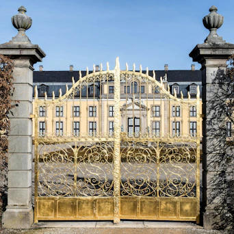 Ornate golden gates in front of a grand yellow building