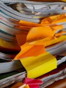 A close-up of a messy stack o