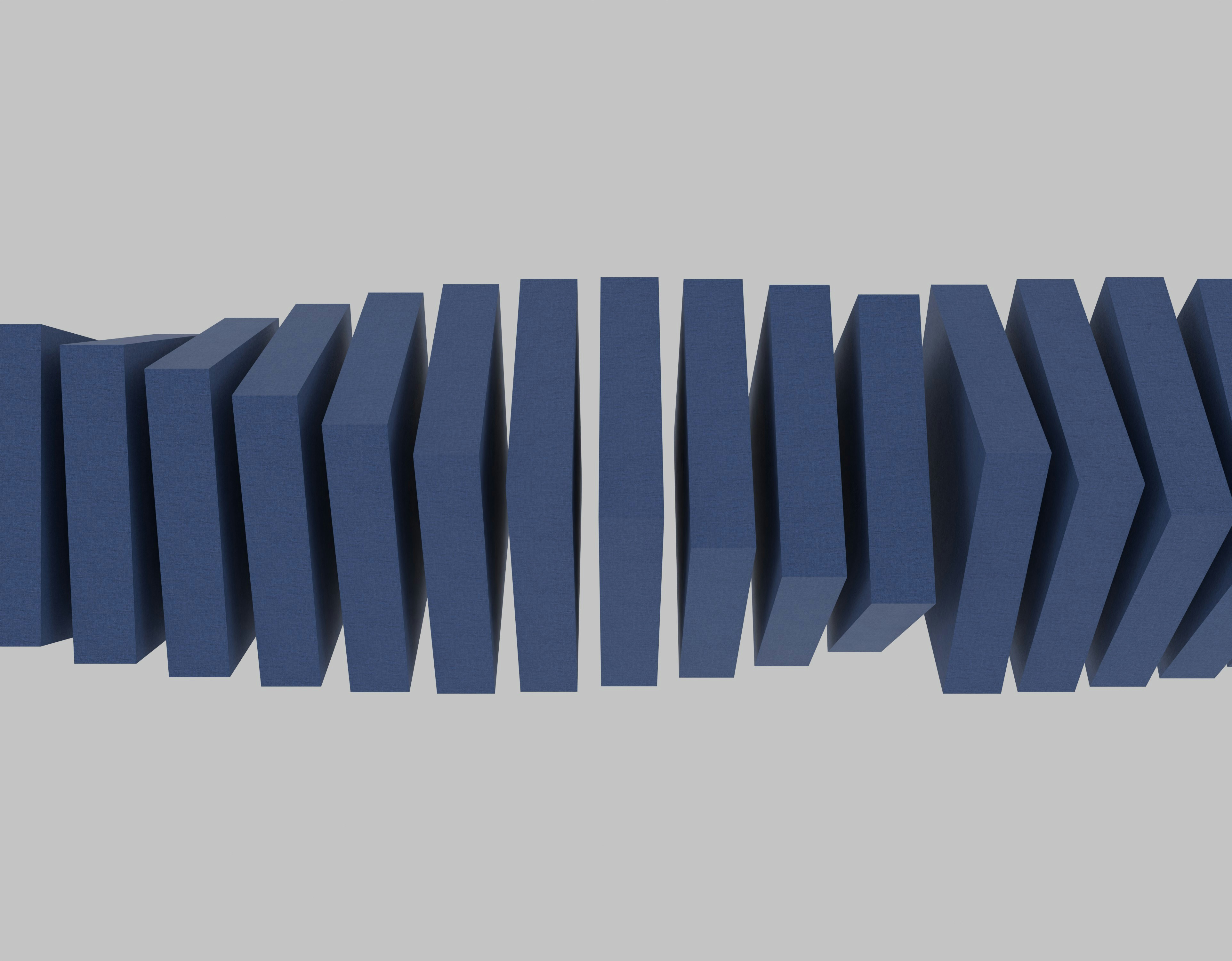 Blue geometric shapes form a twisting abstract pattern