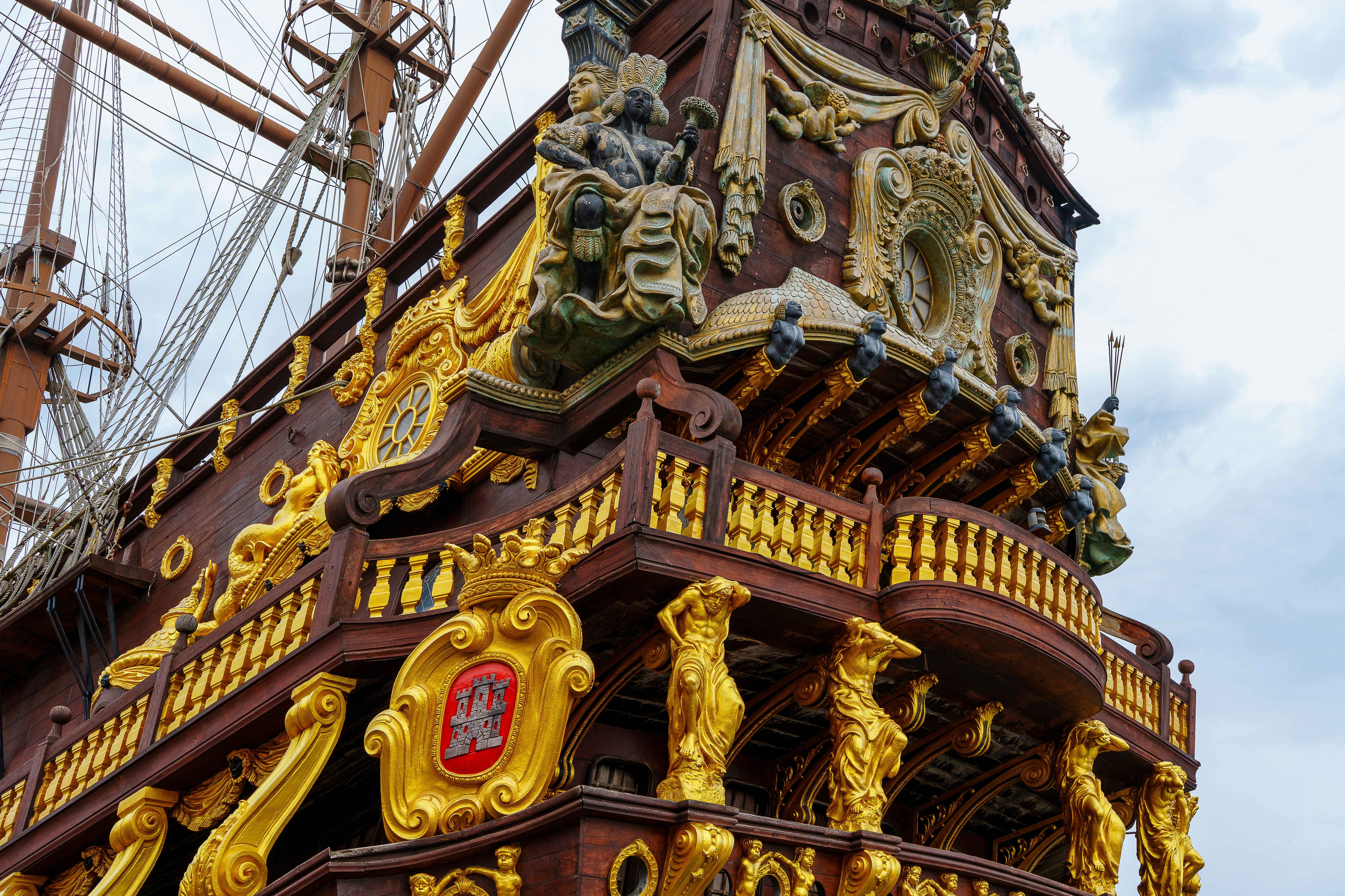 Elaborately decorated stern of a historic wooden ship
