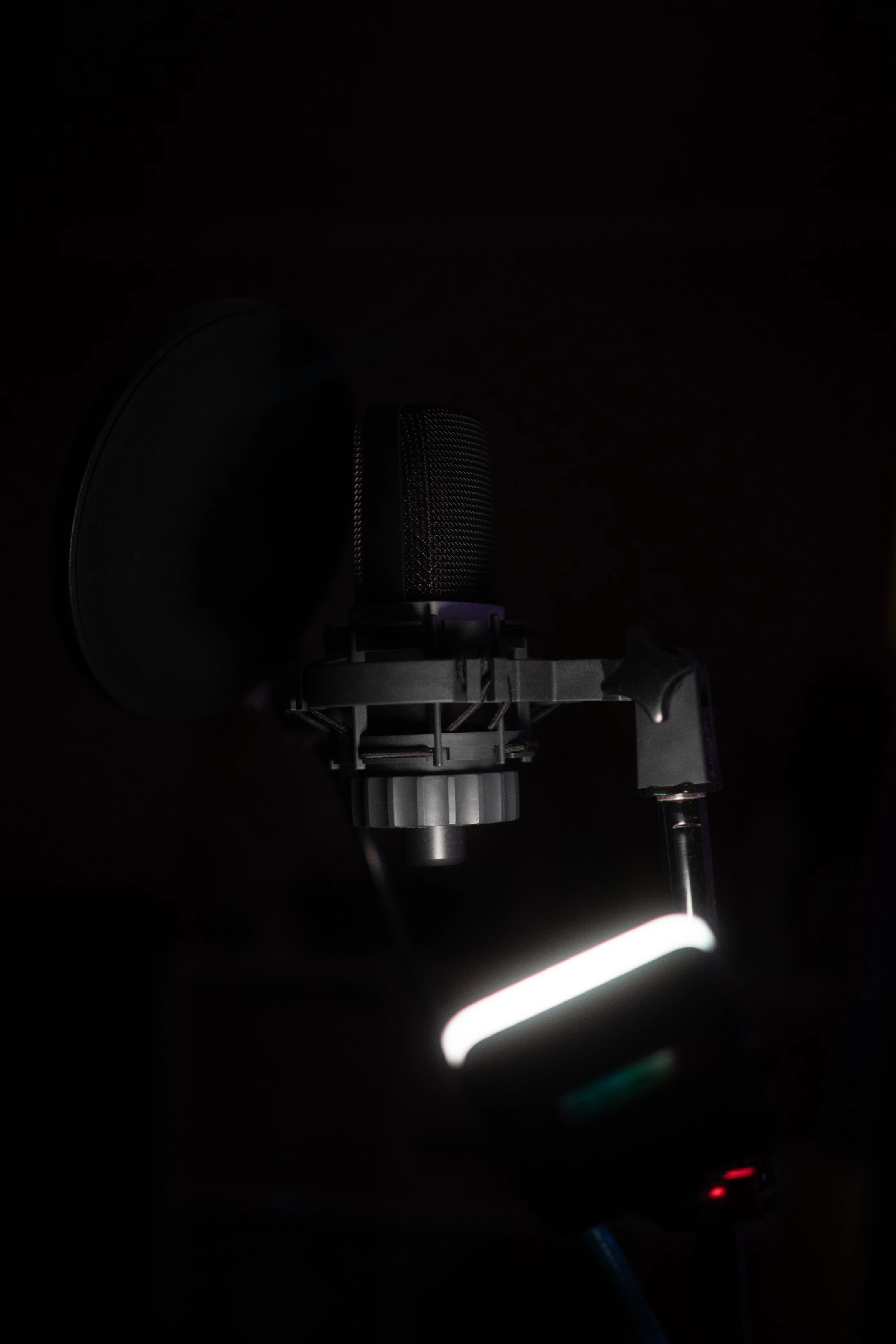 Studio microphone with pop filter used as representative recording imagery