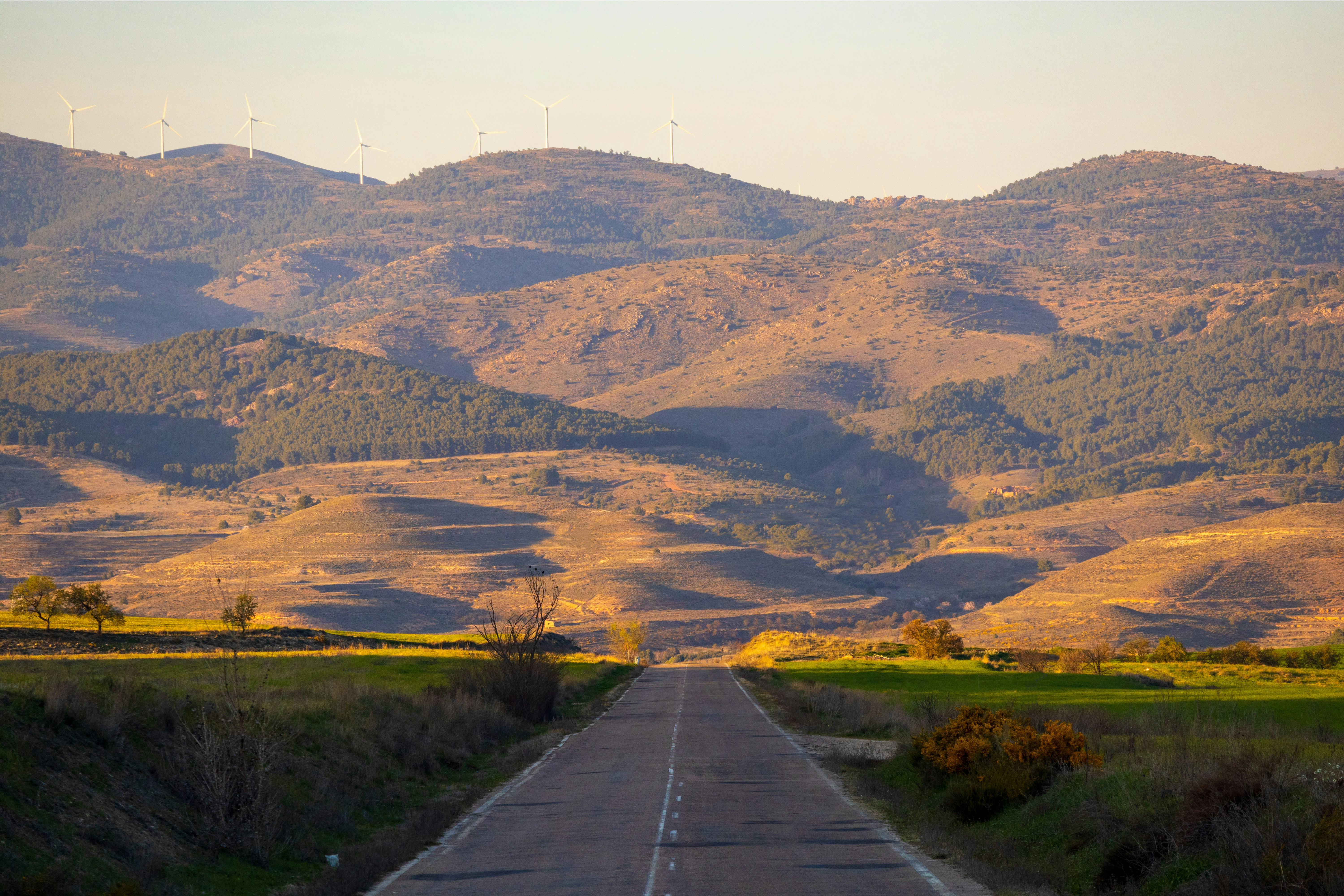 long countryside road through green hills during golden sunset cinematic