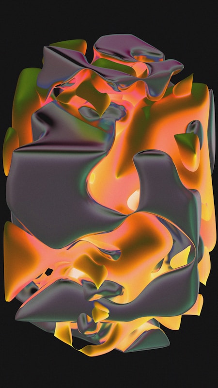 Abstract metallic sculpture with vibrant orange and green hues