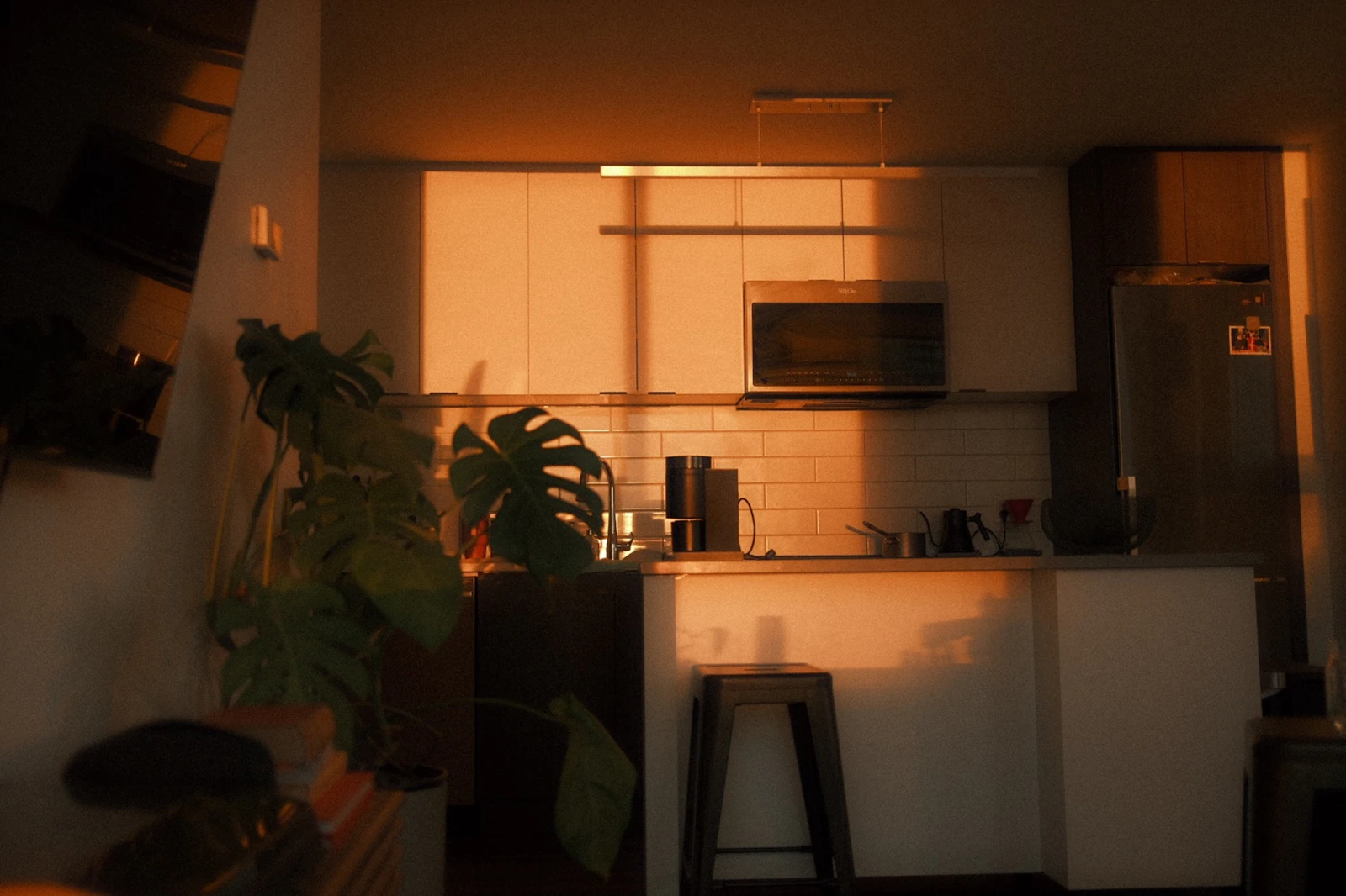 Shared kitchen glowing at sunset