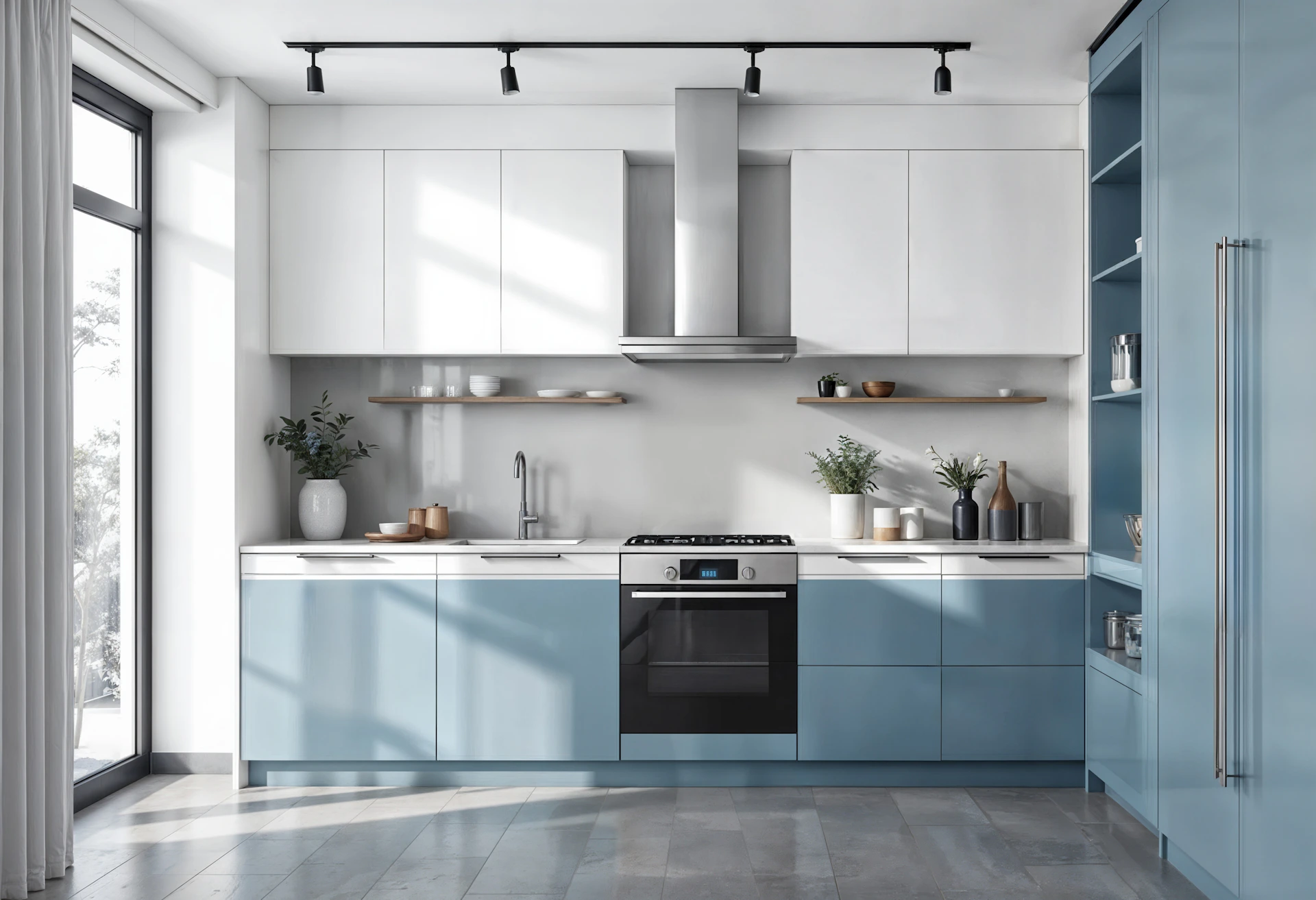 Modern kitchen with white and blue cabinets.