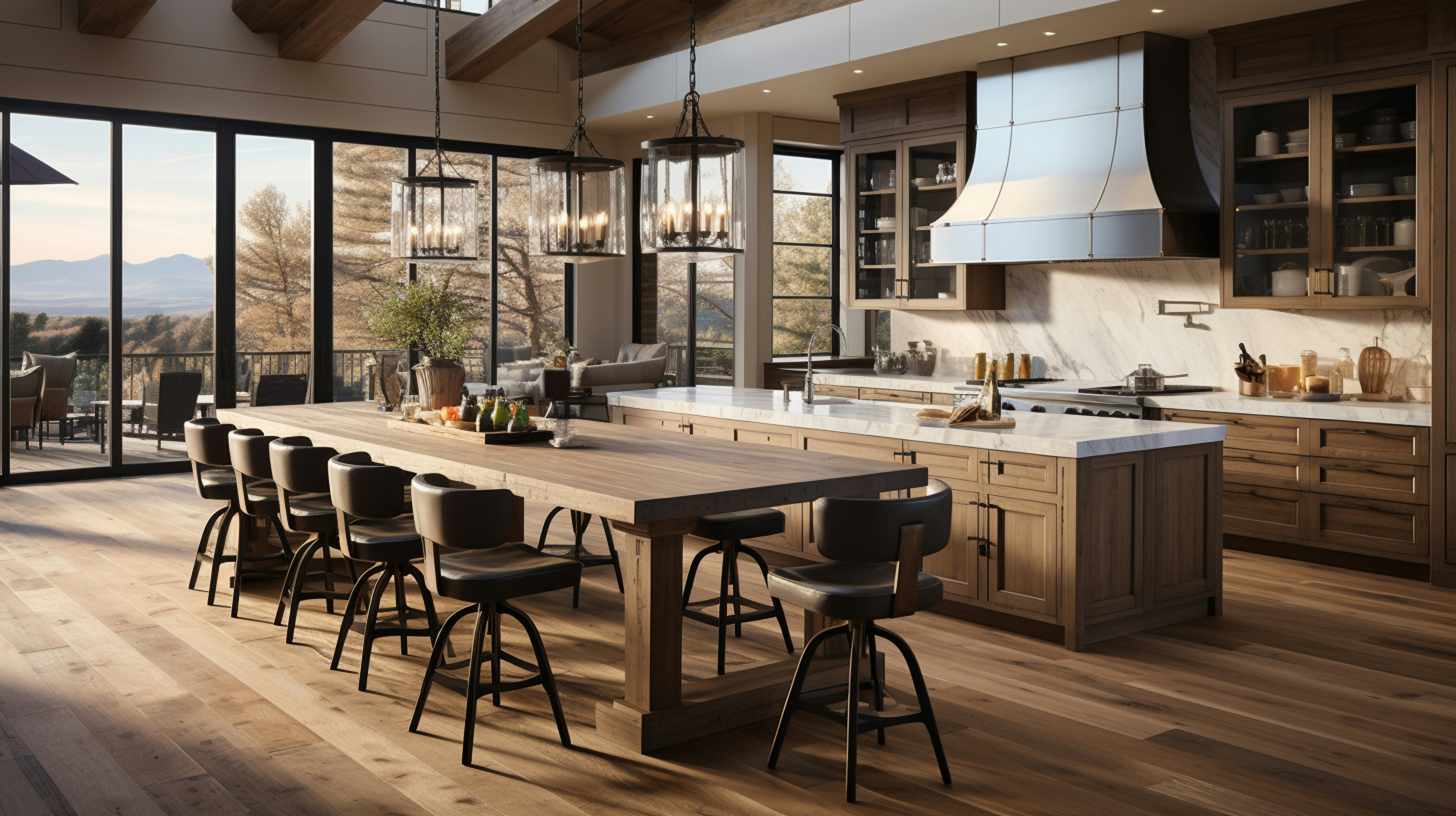 Modern kitchen renovation in Waterloo with a large island and mountain view