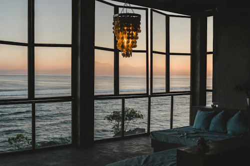 Sitting room overlooking the sea at sunset