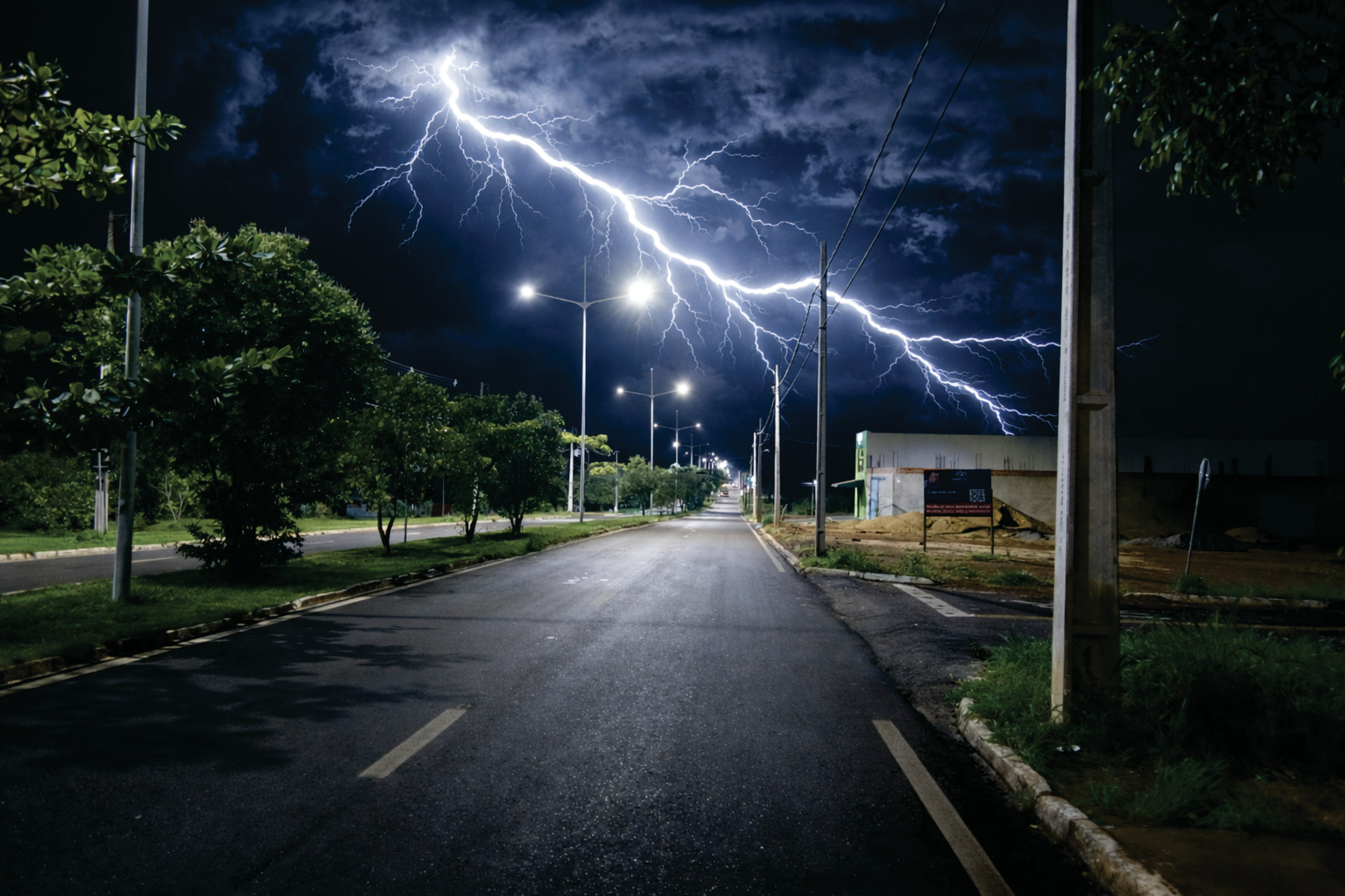 Lightning strikes across a dark, stormy sky over a street.