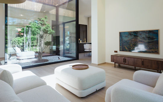 Modern living room with courtyard view and television