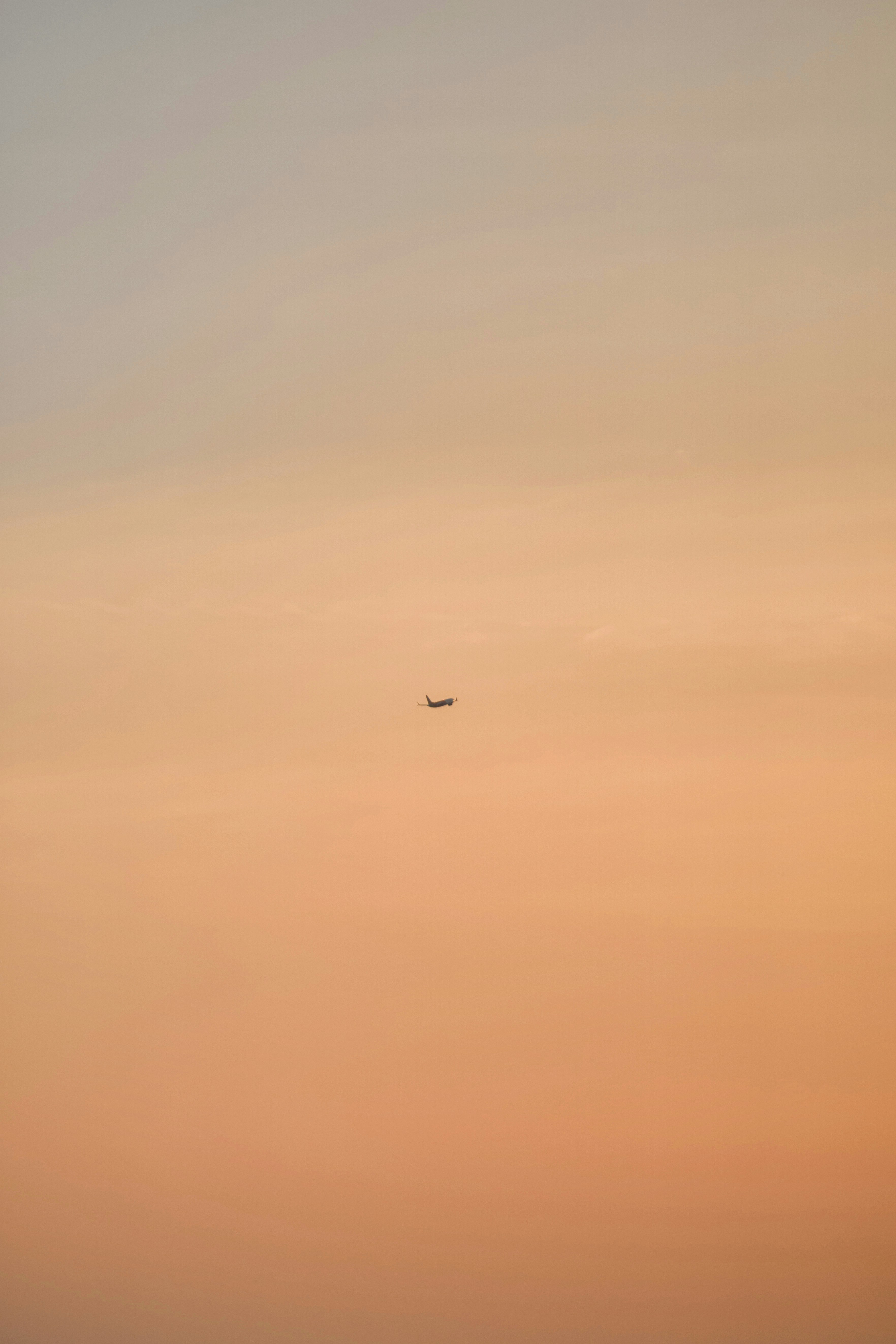 Flugzeug fliegt an einem sanften orangefarbenen Sonnenuntergangshimmel