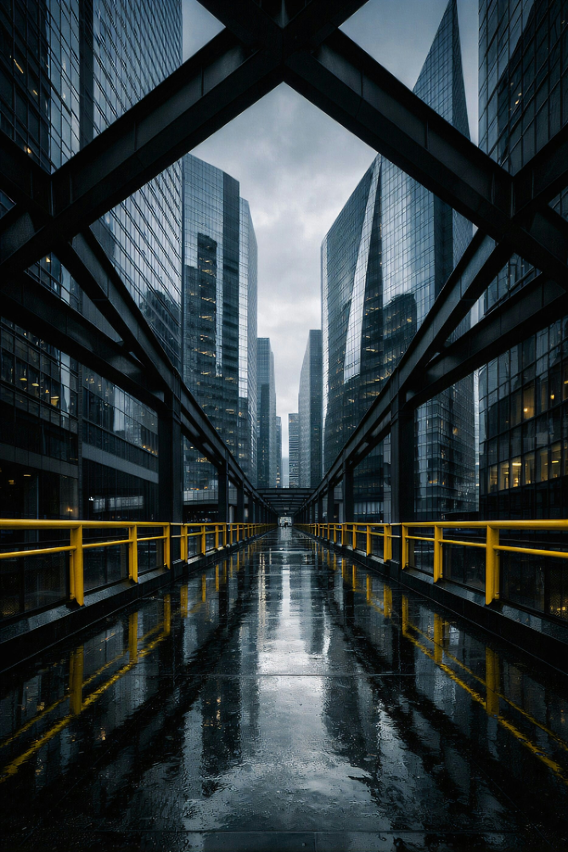 Sleek skyscrapers reflected on wet city street after rain