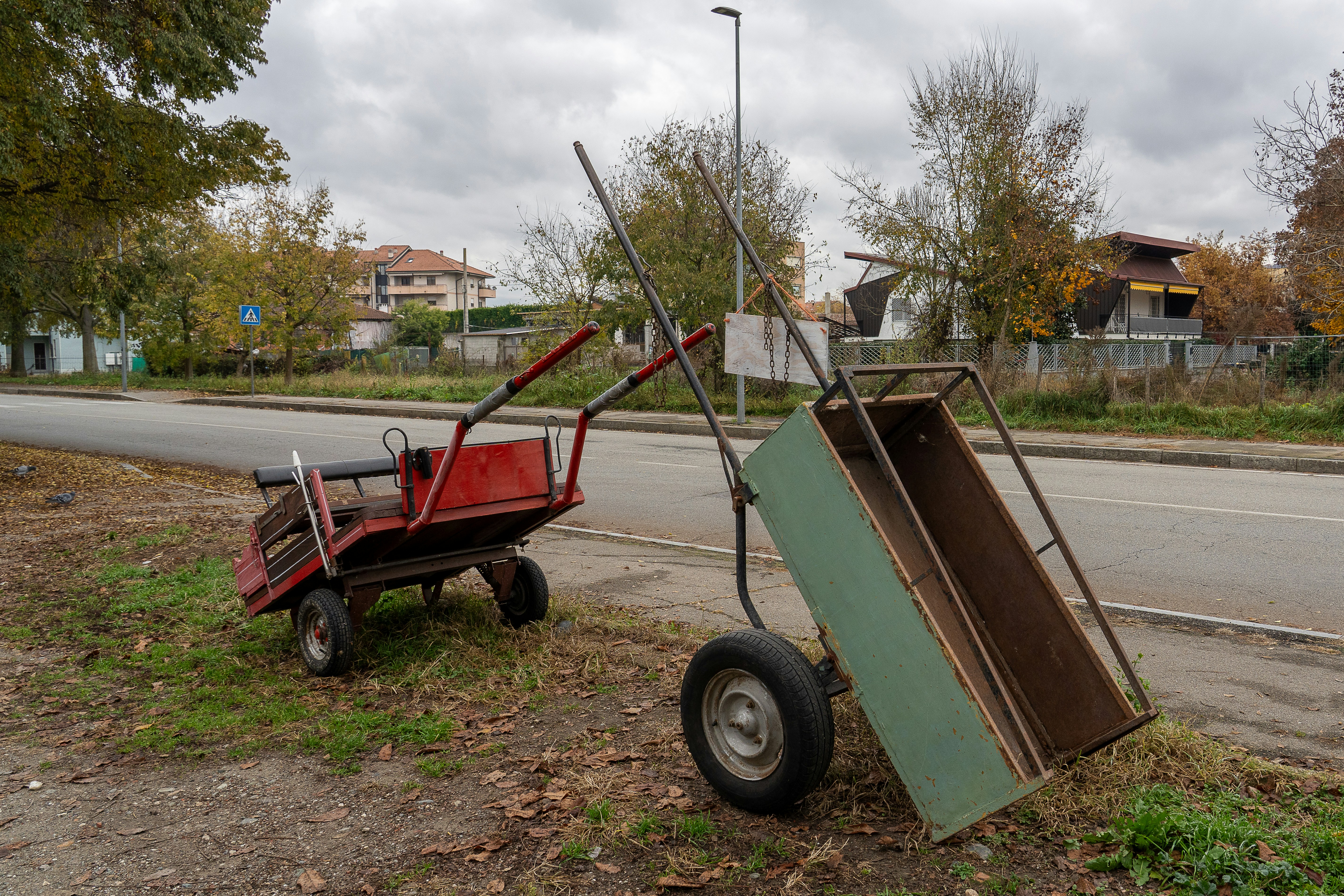 Two old wheelbarrows on grassy roadside.
