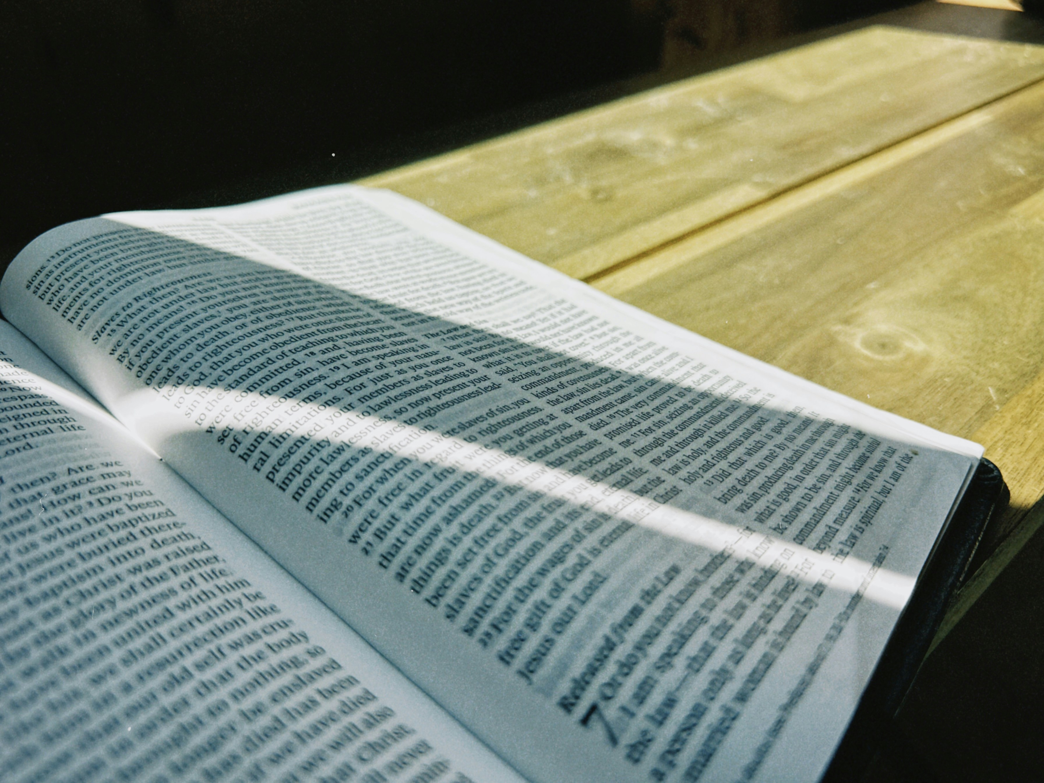 Open book with sunlight streaming across pages.